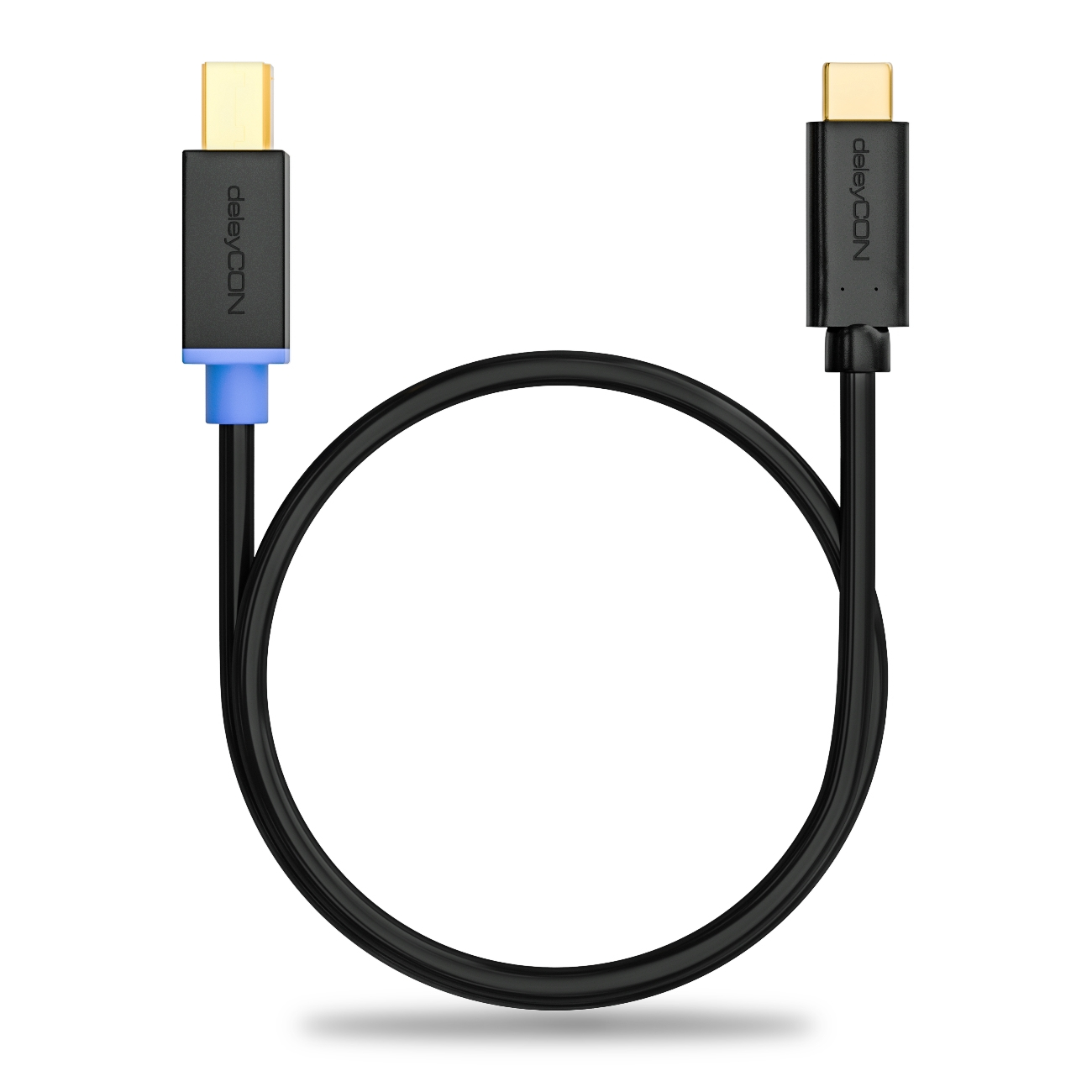 Schwarzes Kabel mit USB-C- und USB-A-Anschlüssen, blauer Akzent auf USB-A.
