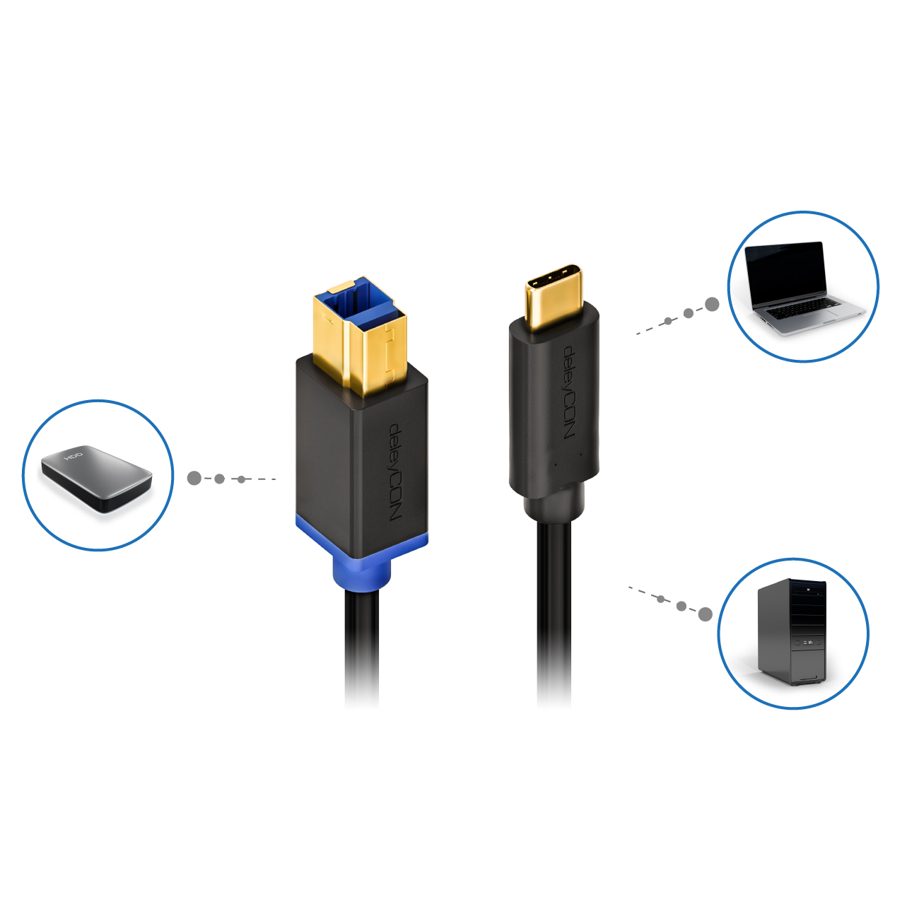Zwei schwarze Kabel mit Anschlüssen, neben Symbolen von HDD, Laptop und PC.