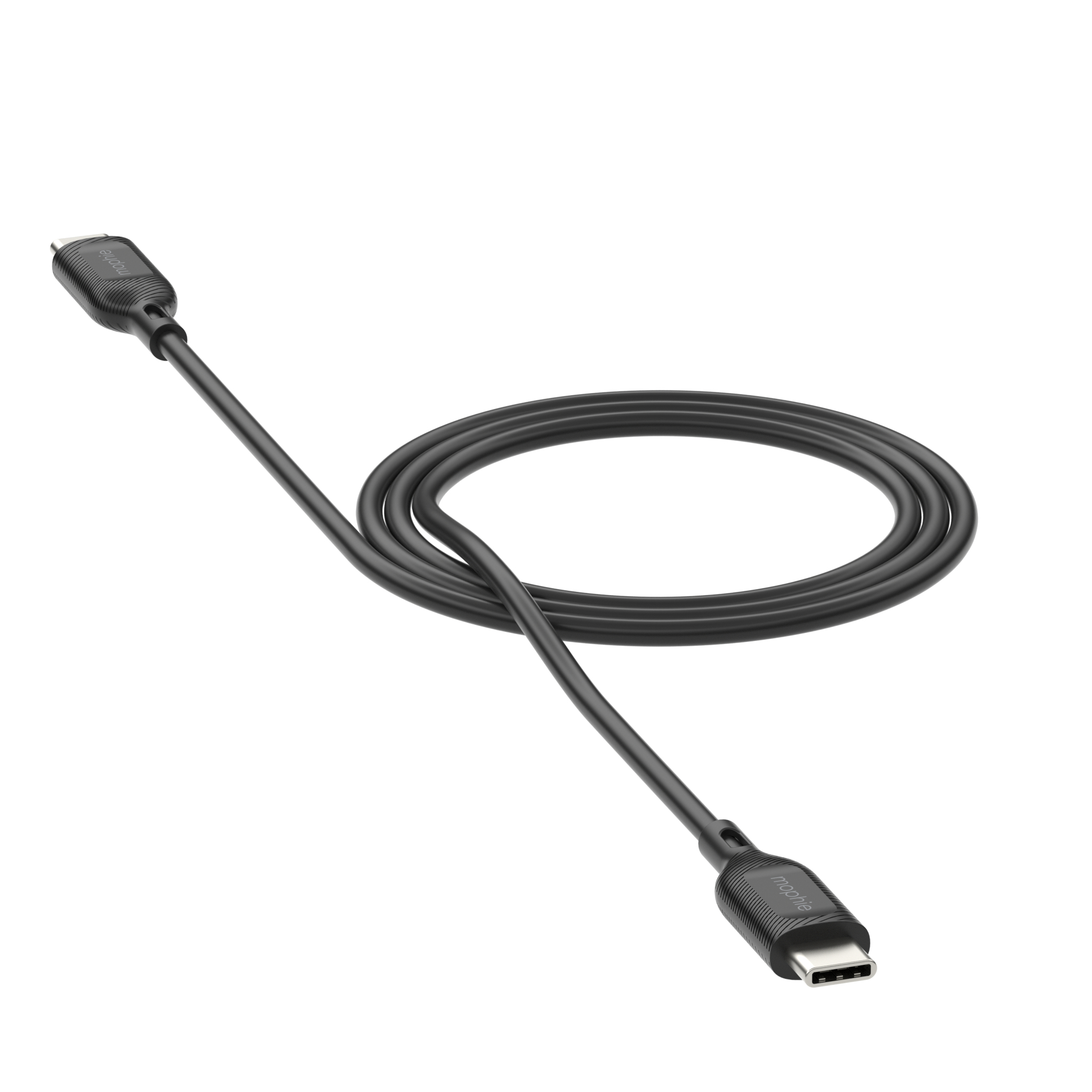 Cavo Mophie USB-C nero. Un'estremità ha un connettore USB-C. Sfondo bianco.