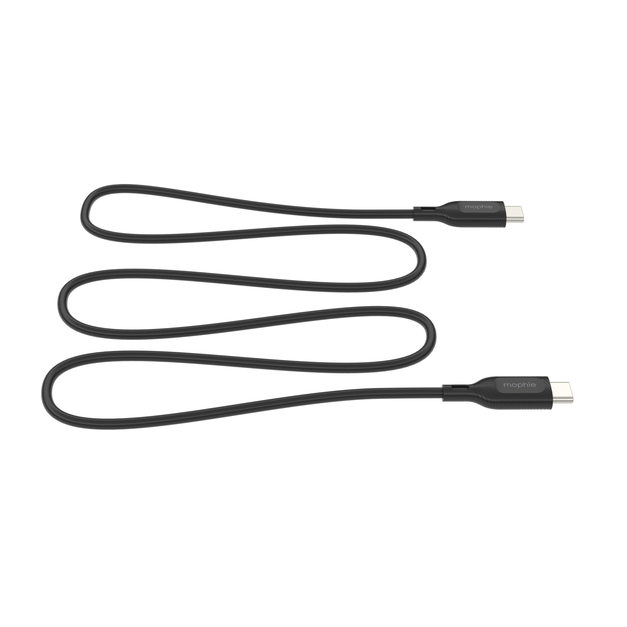 Cavo di ricarica USB-C nero con motivo curvo. Sfondo bianco.