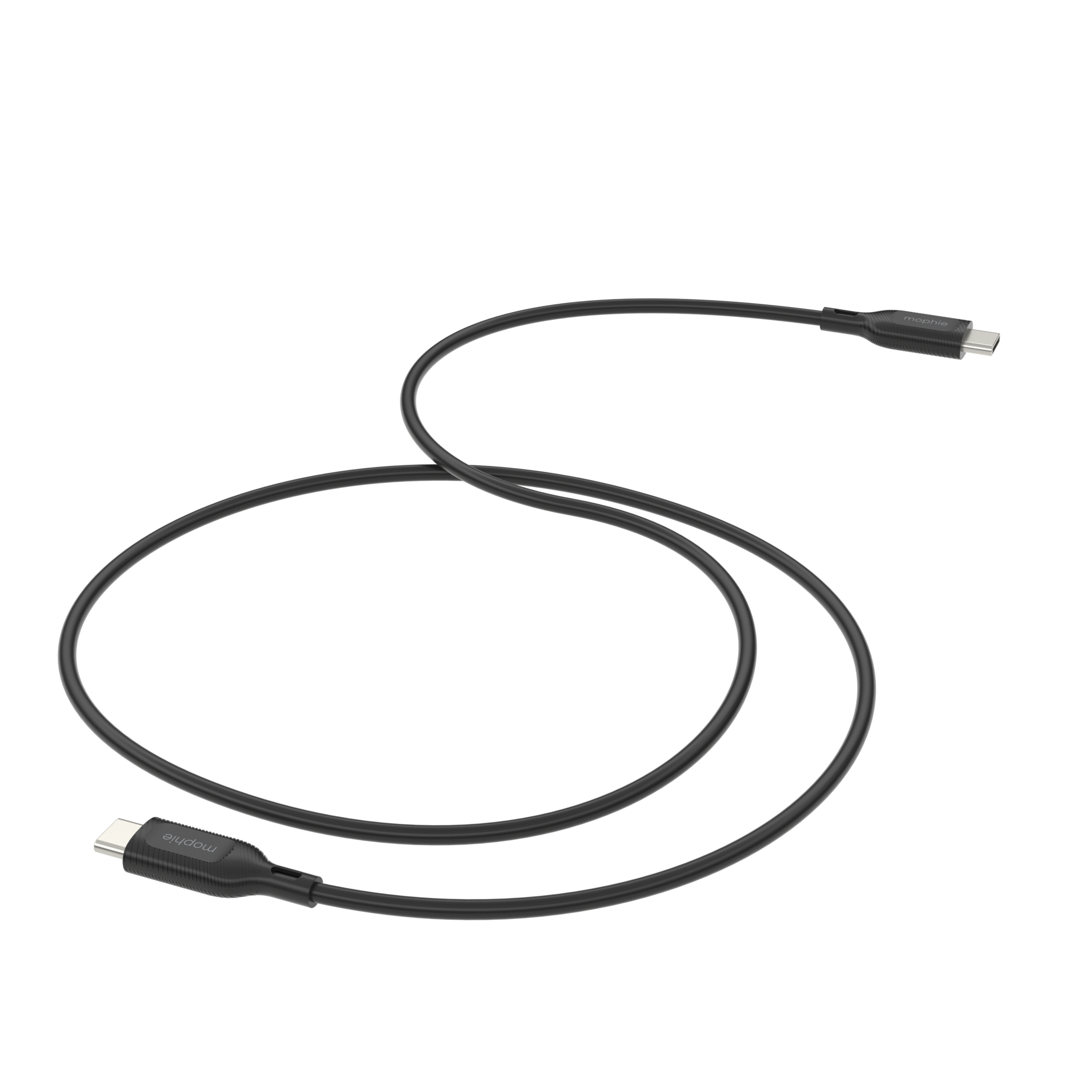Cavo Mophie USB-C nero. Due connettori USB-C ad ogni estremità. Sfondo bianco.