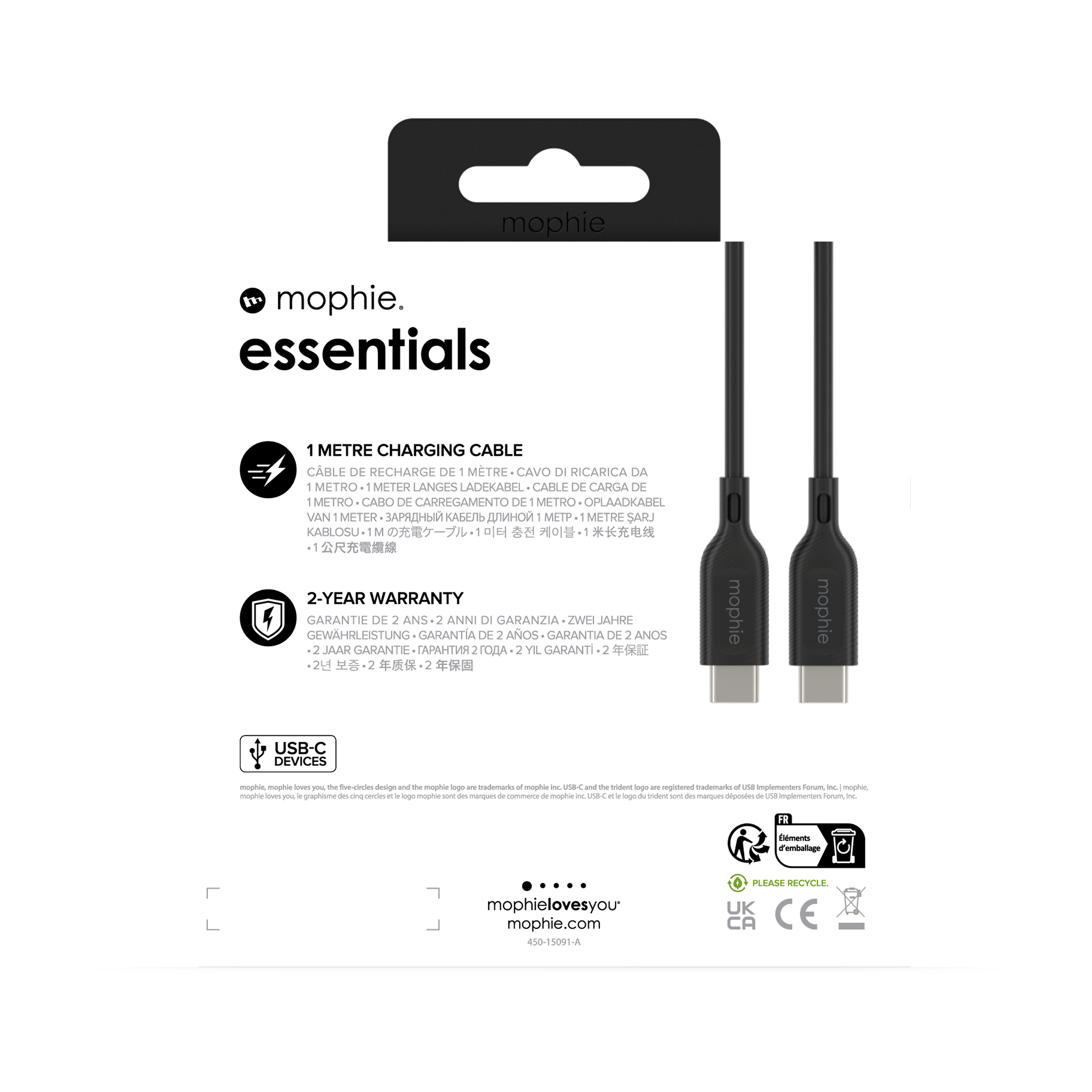 Confezione del cavo di ricarica Mophie. Testo e grafica su sfondo bianco.