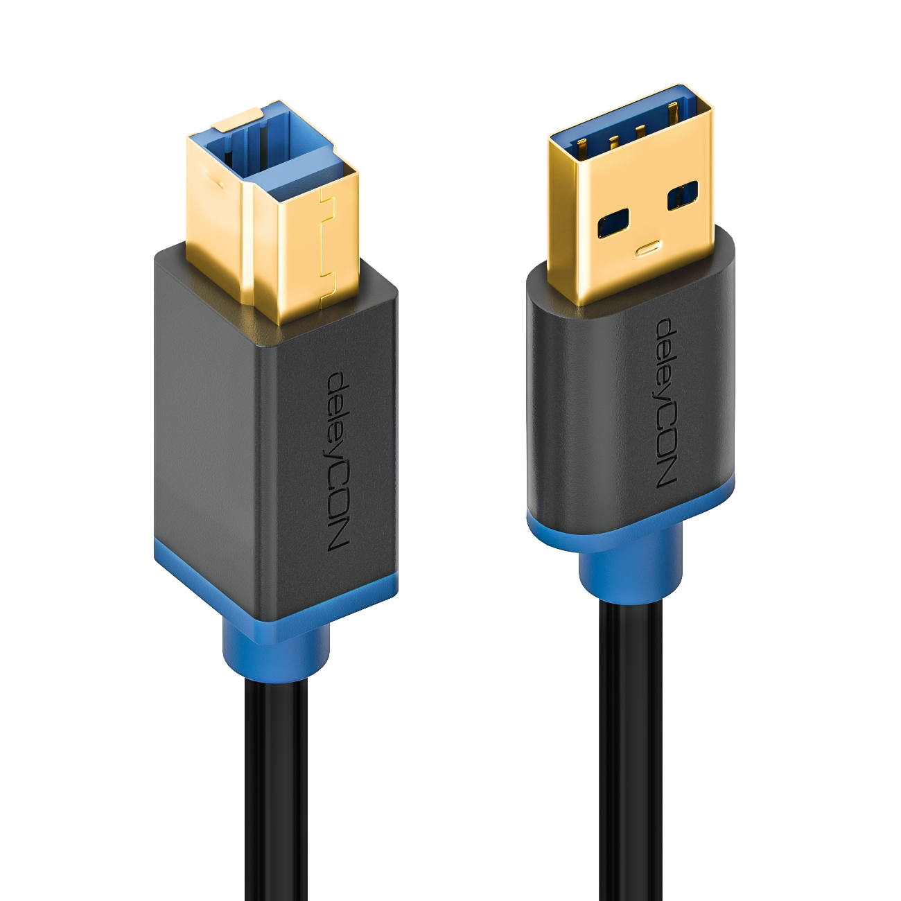 Zwei USB-Kabel, schwarze und blaue Stecker, 'deleyCON' aufgedruckt, weißer Hintergrund.