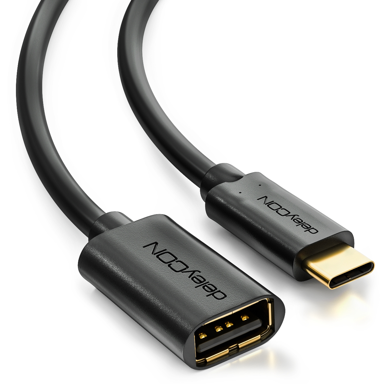 Schwarzes USB-C-zu-USB-A-Kabel. Anschlüsse sind schwarz, Kontakte goldfarben.