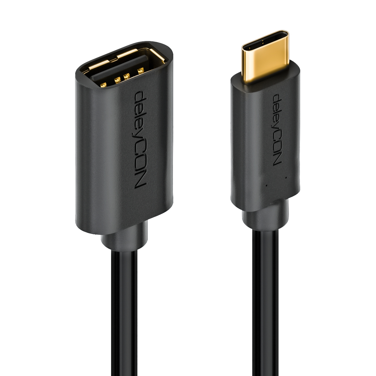 Schwarzer USB-C-Adapter. Ein Ende ist USB-A, das andere USB-C. Der Markenname ist DEEEYCON. USB-A hat goldene Pins.