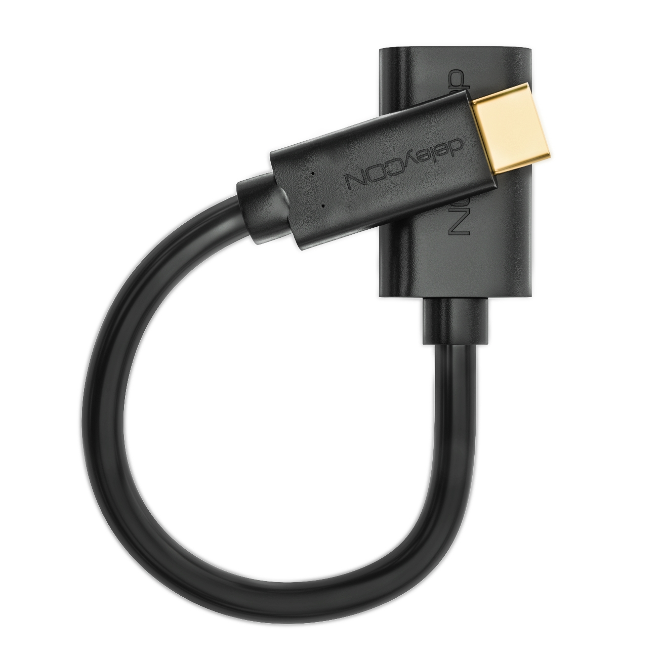 Schwarzes USB-C-Kabel mit USB-A-Adapter, U-Form. Goldene Kontaktstellen.