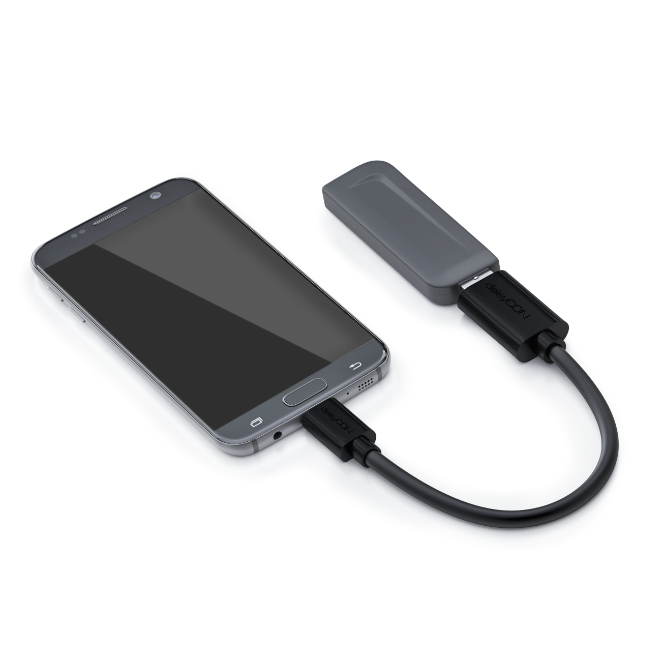 Schwarzes Kabel verbindet Smartphone mit grauem Adapter. Das Kabel hat schwarze Stecker.