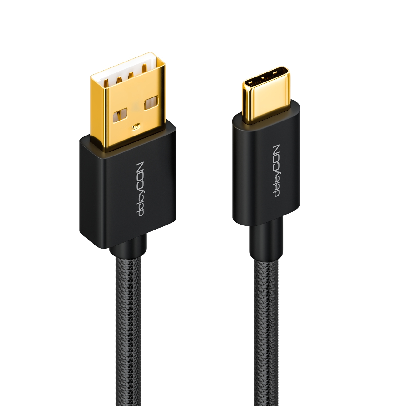 Schwarzes USB-Kabel mit goldenem Stecker. Das Kabel ist mit USB-A und USB-C verbunden.