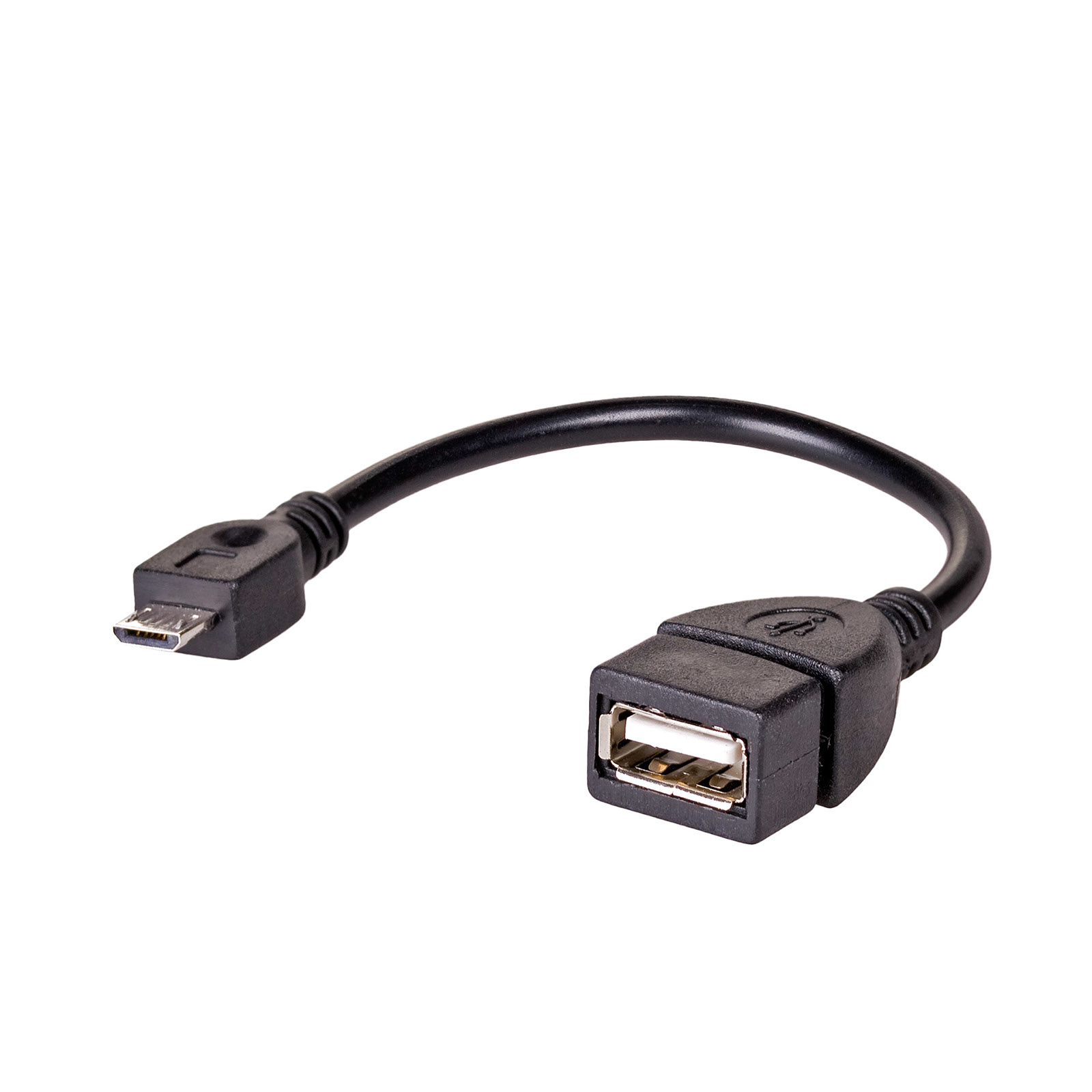 Zwarte USB-adapter. Eén uiteinde is micro USB, de andere USB-A. Witte achtergrond.