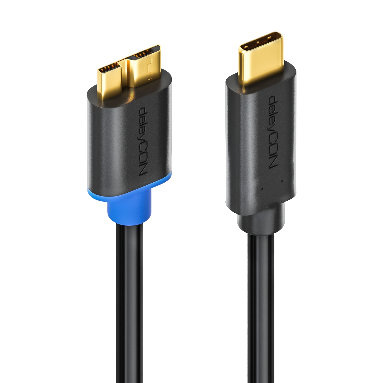 Schwarzes USB-C-Kabel mit USB-C- und Micro-USB-Anschlüssen. Blaue und schwarze Akzente.