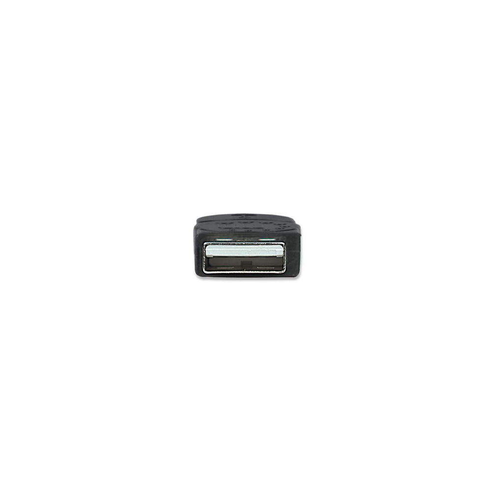 Close up of black USB connector on white background.