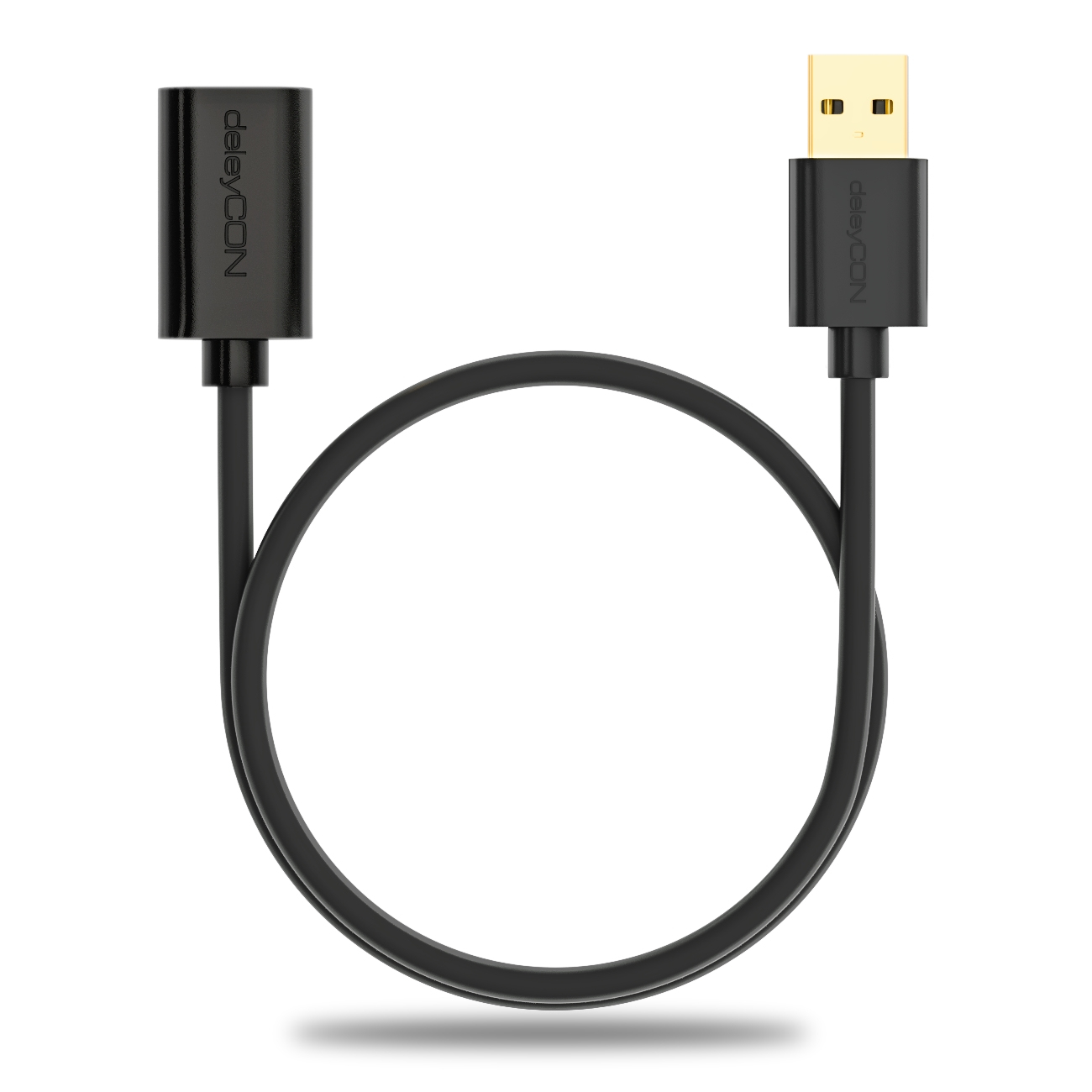Schwarzes USB-Kabel, USB-A zu USB-A, 'deleyCON' aufgedruckt, weißer Hintergrund.
