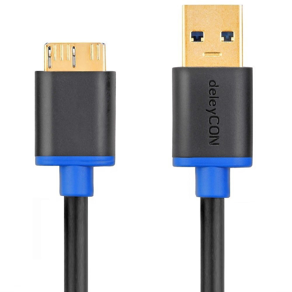 Zwei schwarze USB-Kabel mit blauen Akzenten am Stecker, auf weißem Hintergrund.