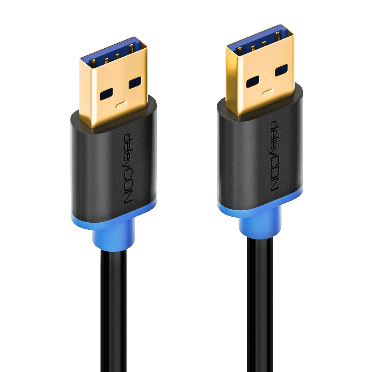 Zwei USB-Kabel, schwarz mit blauen Akzenten, 'deleyCON' aufgedruckt, weißer Hintergrund.