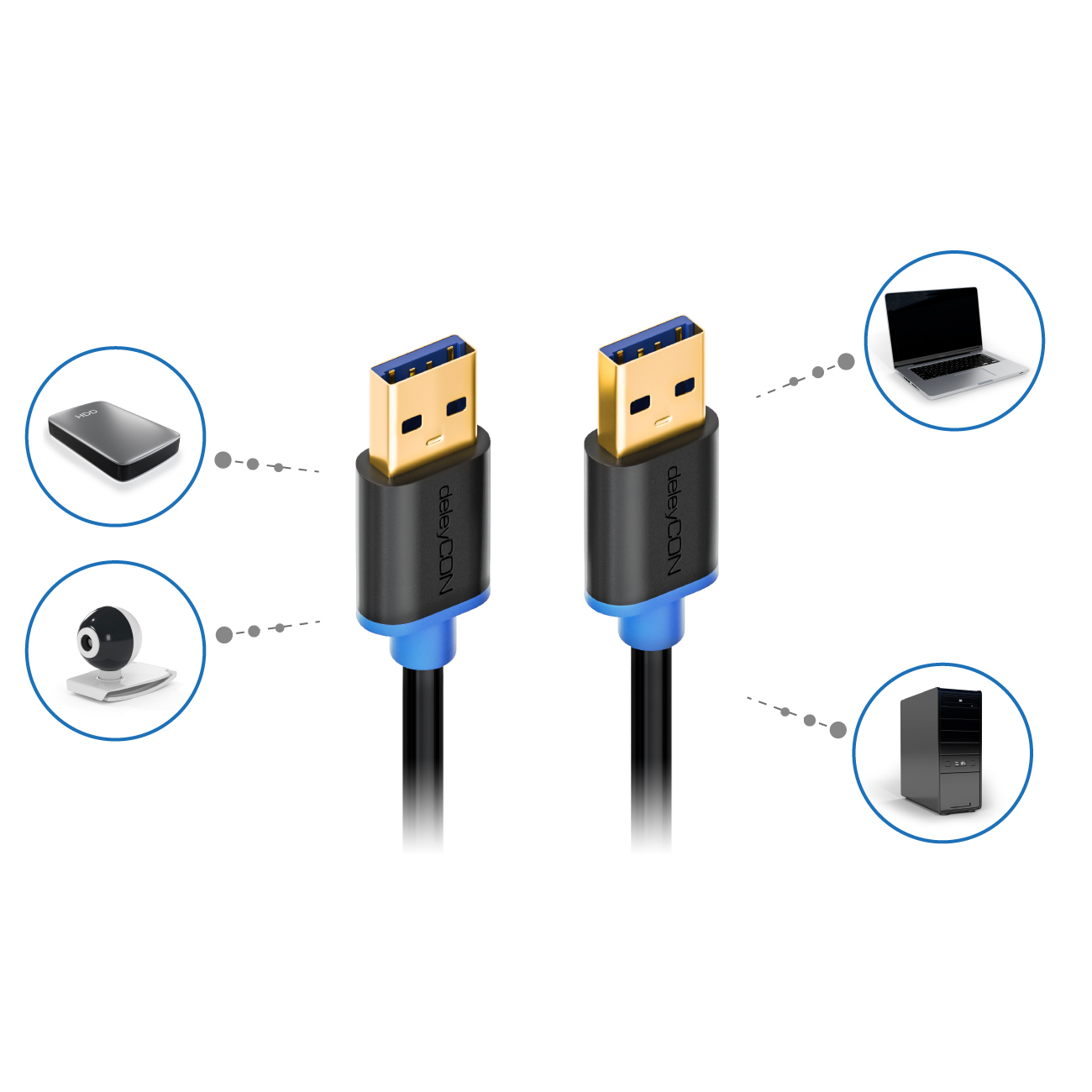 Schwarzes USB-Kabel mit blauen und goldenen Anschlüssen, mit Gerätesymbolen. Weißer Hintergrund.