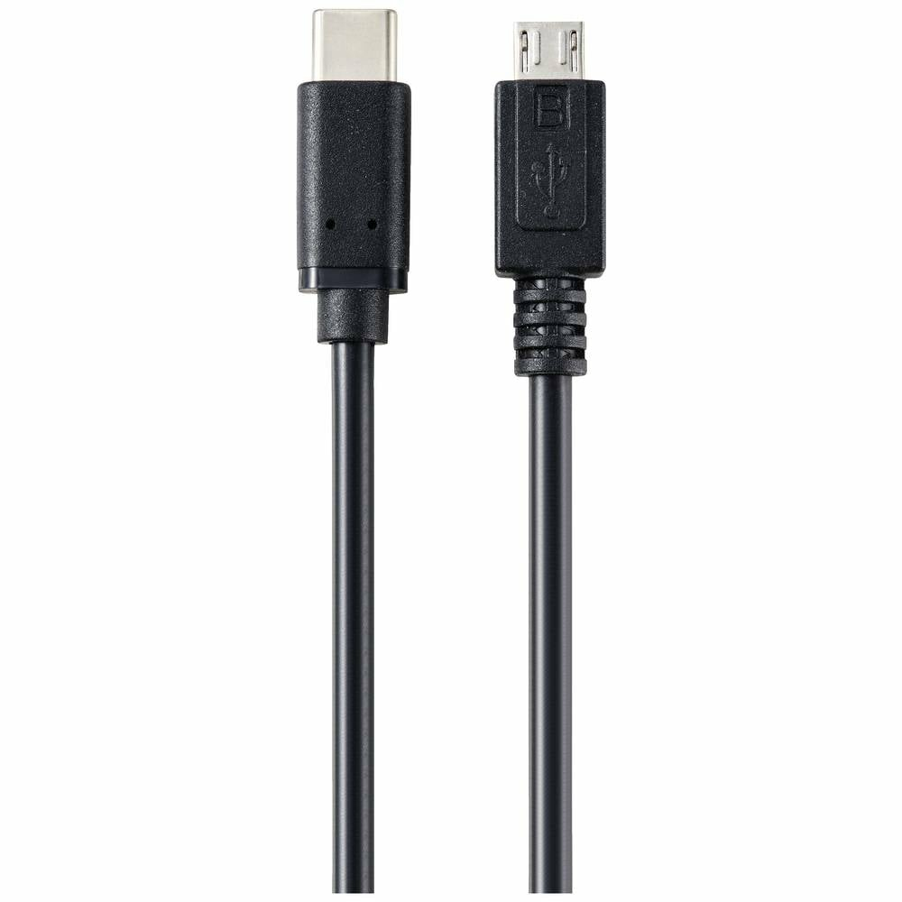 Cavo USB nero con connettore USB-C a un'estremità e micro-USB all'altra.