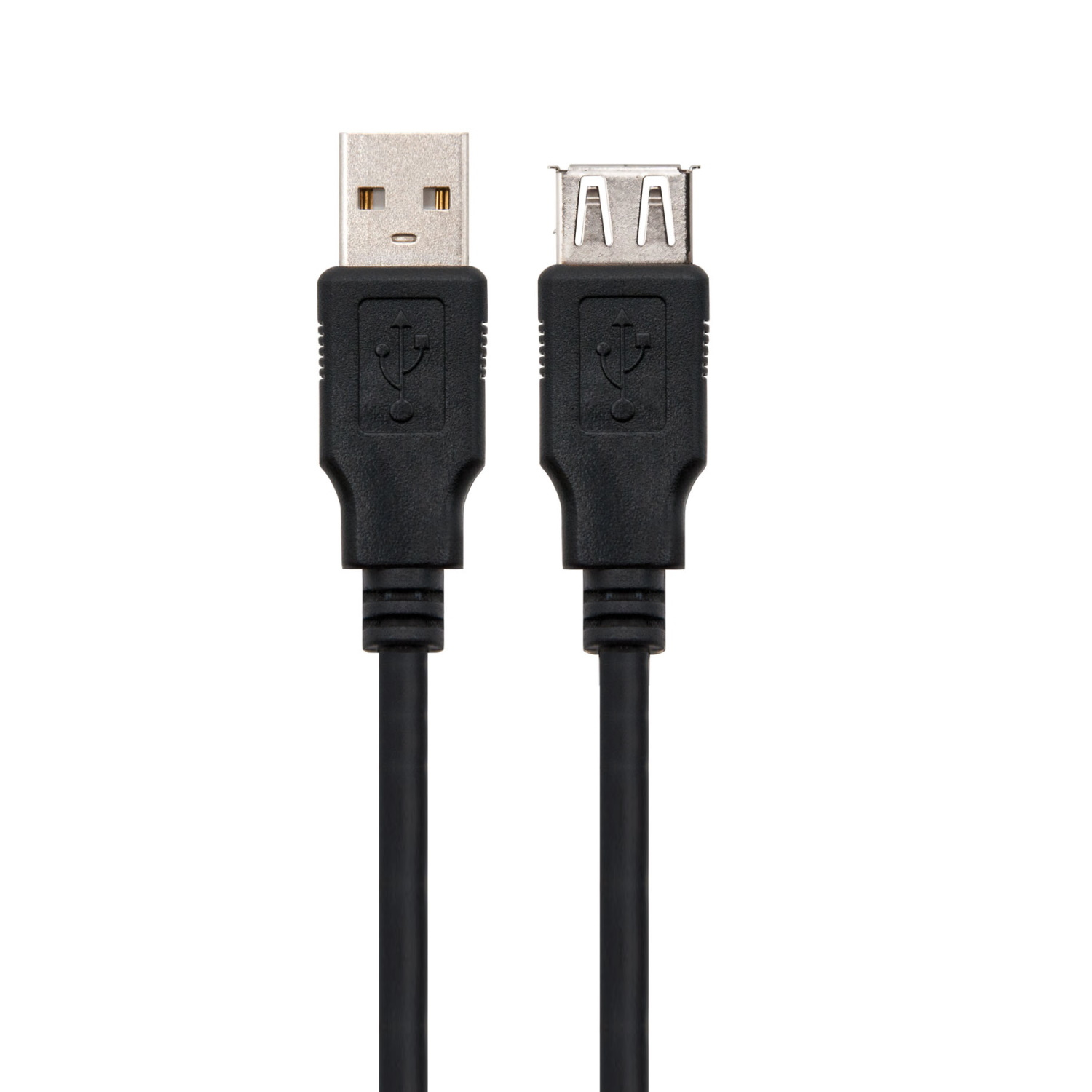 Cavo USB nero con connettori USB-A e USB-A, entrambi visibili, su sfondo bianco.