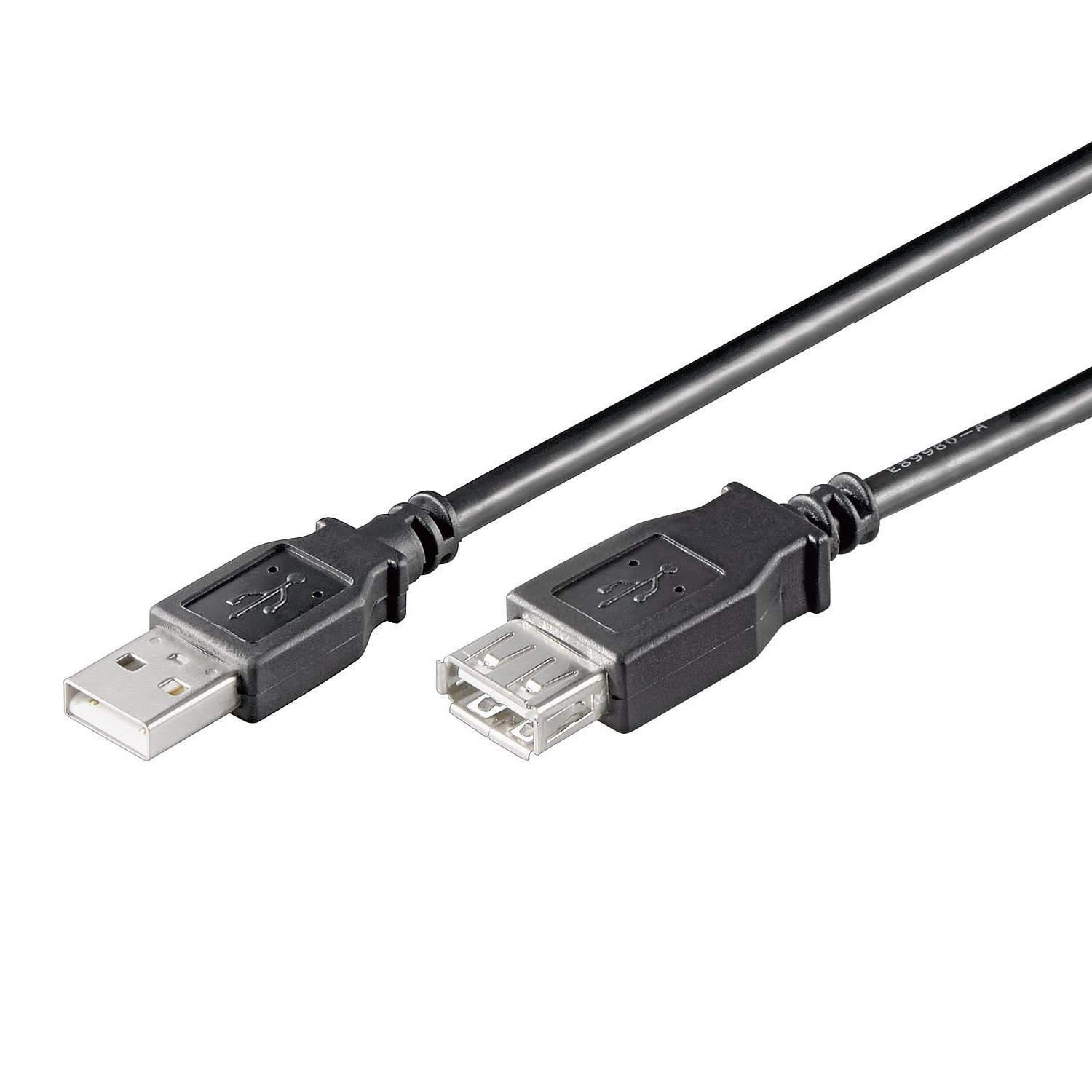 Cavo USB nero con connettori USB-A e USB-B su sfondo bianco.
