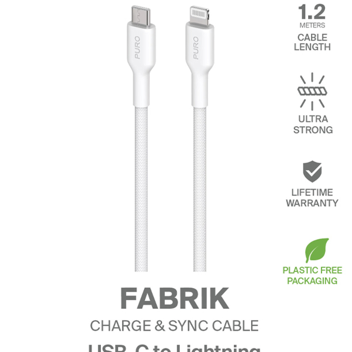 Weißes USB-C-zu-Lightning-Kabel mit Text und Symbolen, weißer Hintergrund.