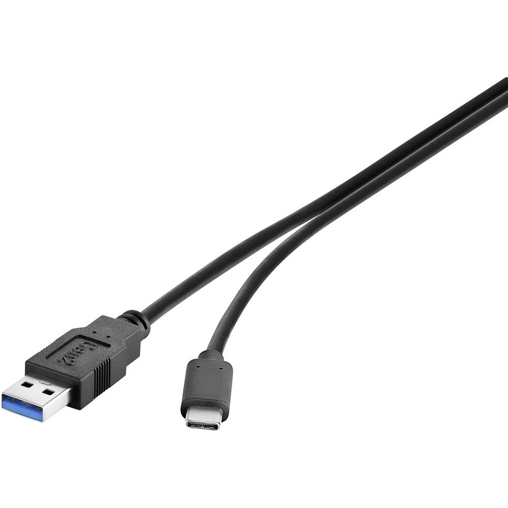 Cavo da USB-A a USB-C nero. L'estremità USB-A è blu. Sfondo bianco.