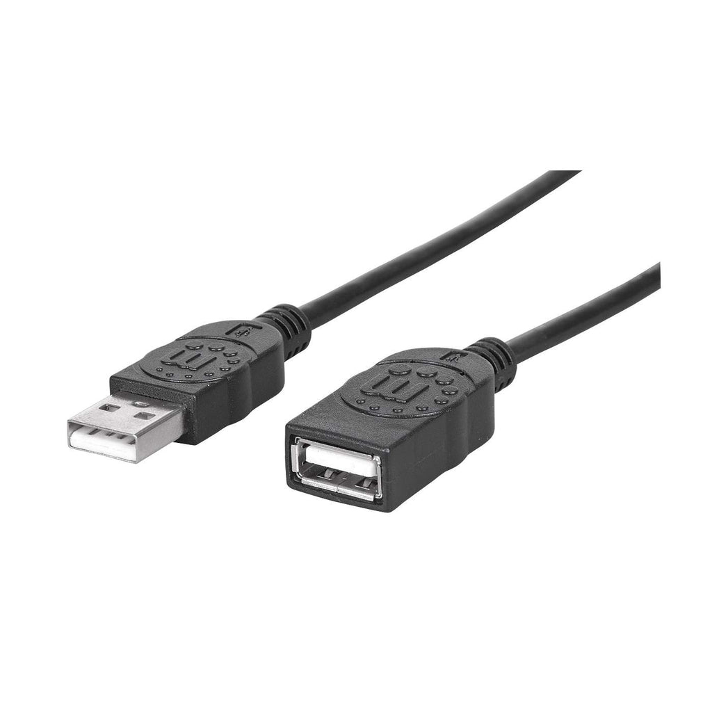 Zwarte USB-A naar USB-A kabel, op een witte achtergrond, beide connectoren.