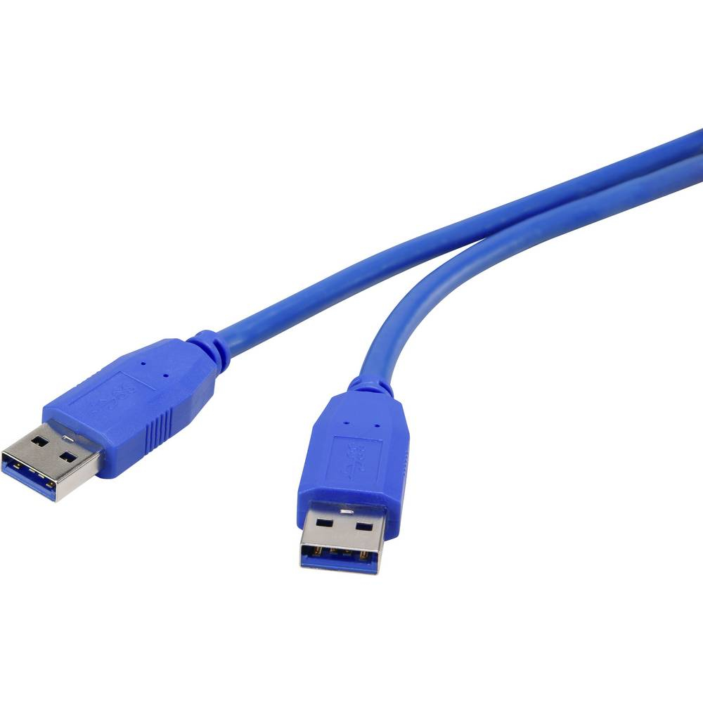 Dwa niebieskie kable USB 3.0 ze złączami USB A. Białe tło.