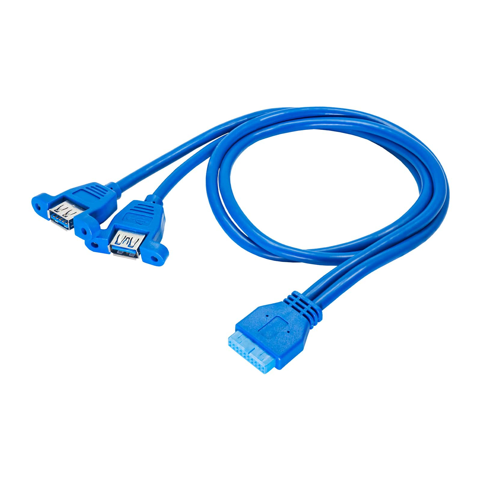 Un câble USB bleu avec trois connecteurs USB femelles.