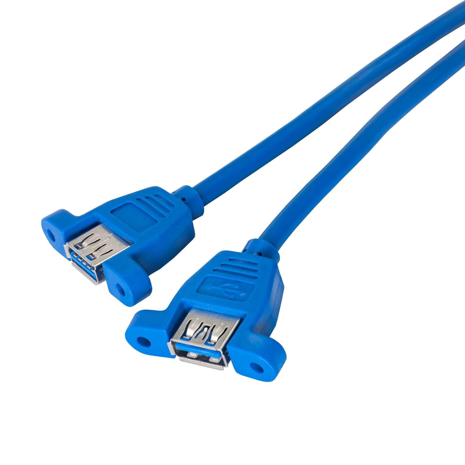 Deux câbles USB bleus avec connecteurs femelles. Chacun a un logo USB.