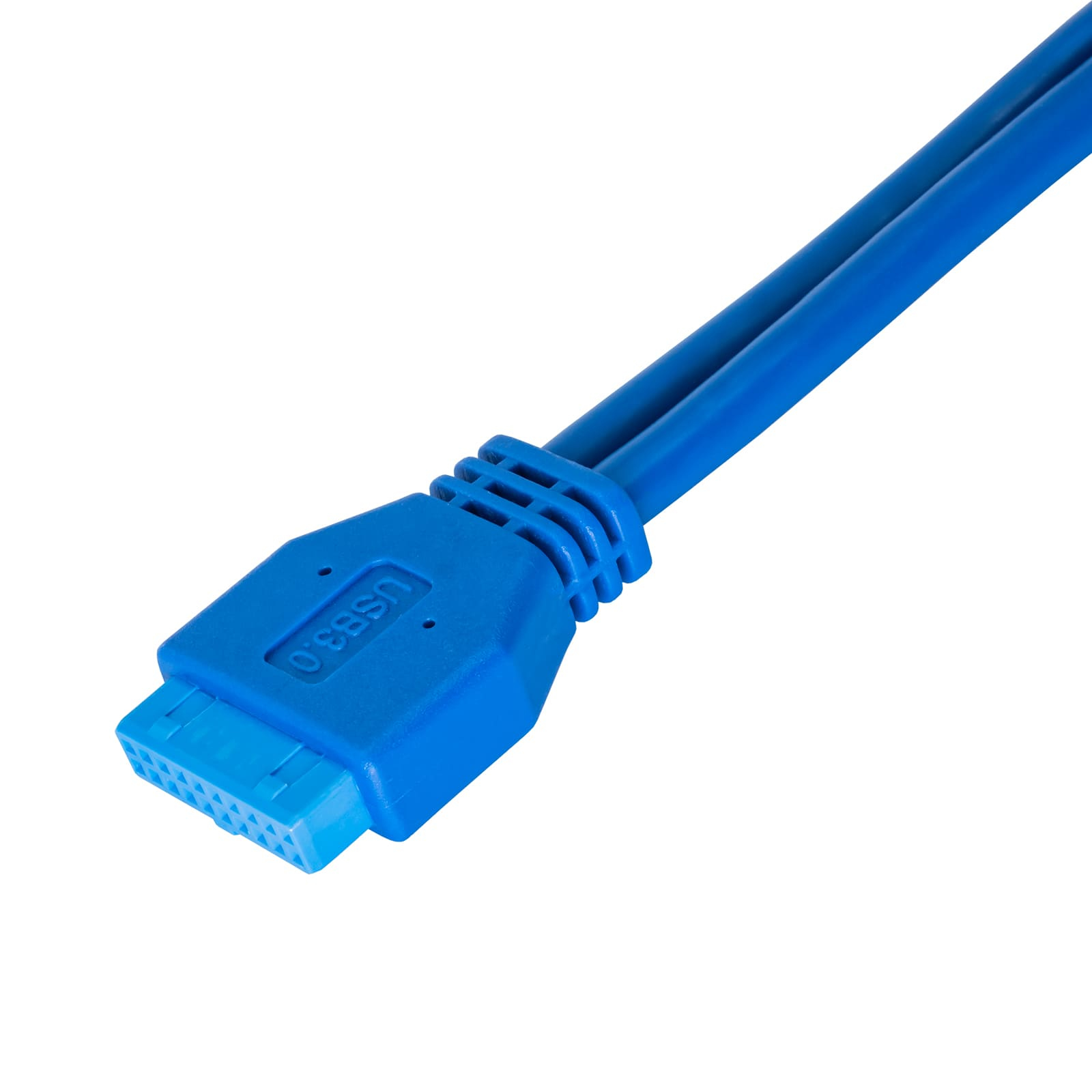 Un câble USB 3.0 bleu avec un connecteur bleu. Le connecteur porte le logo USB 3.0.