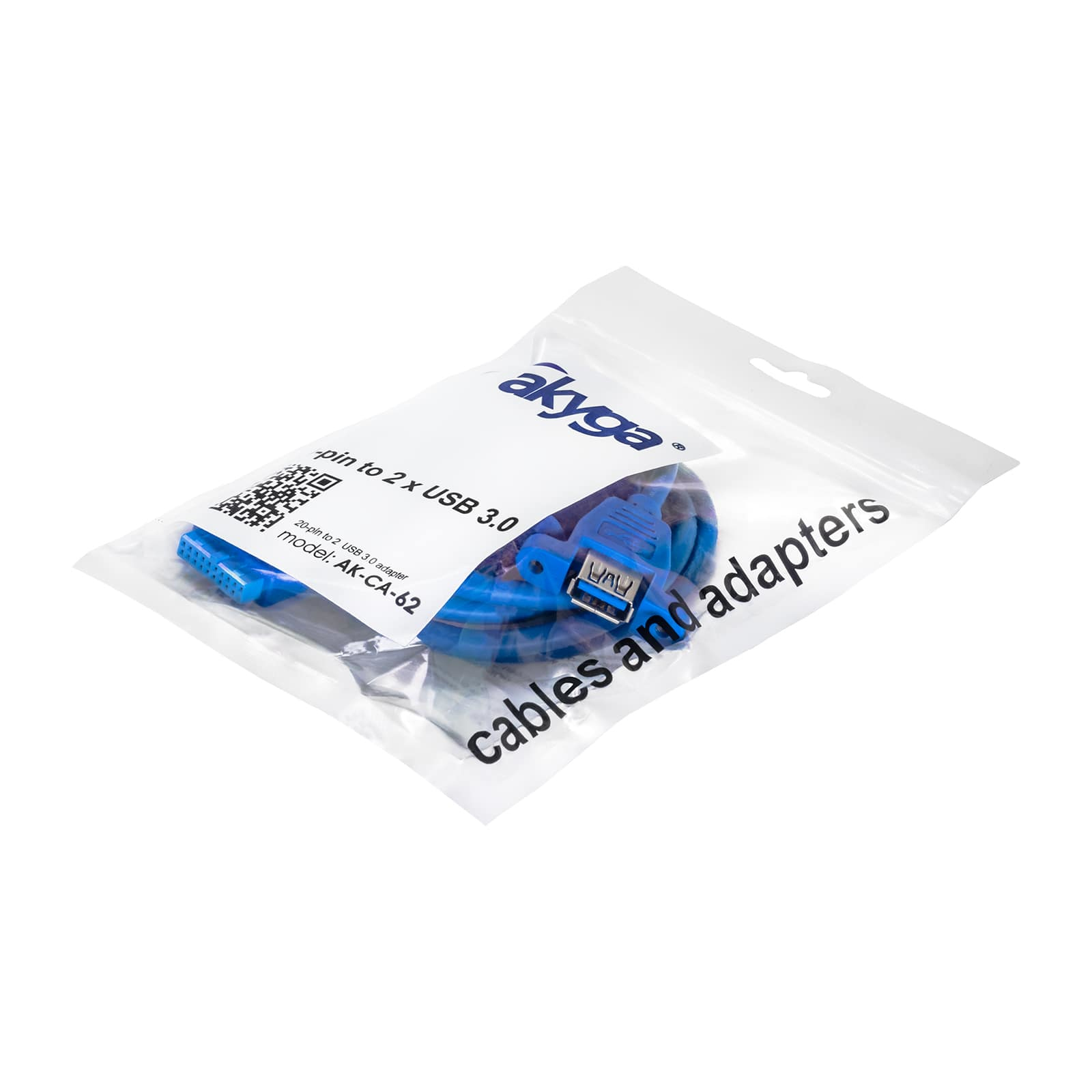 Câble USB bleu, emballé dans un sac transparent, avec la marque akyga et le texte 'câbles et adaptateurs'.
