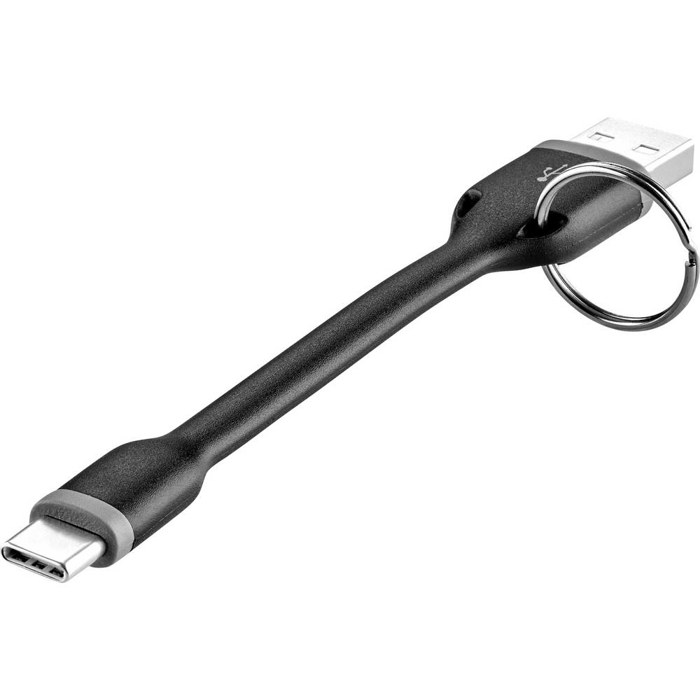 Cavo USB-C a USB-A nero con portachiavi, angolato. Sfondo bianco.