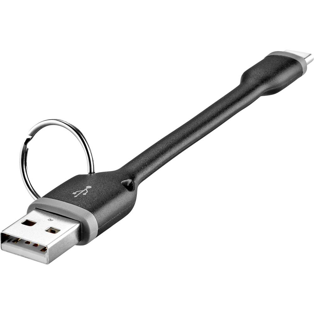 Cavo USB nero con portachiavi. Ha un connettore USB-A e USB-C.