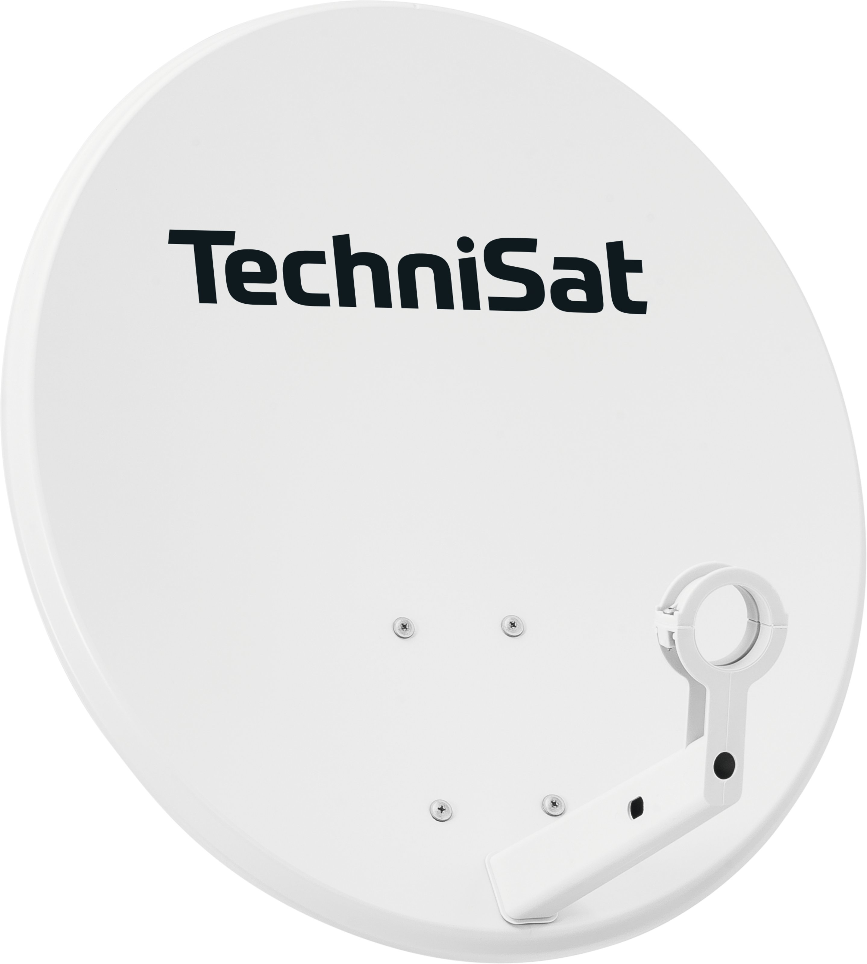 Biała antena satelitarna z logo TechniSat. Okrągłe ramię po prawej stronie. Widoczne cztery śruby.