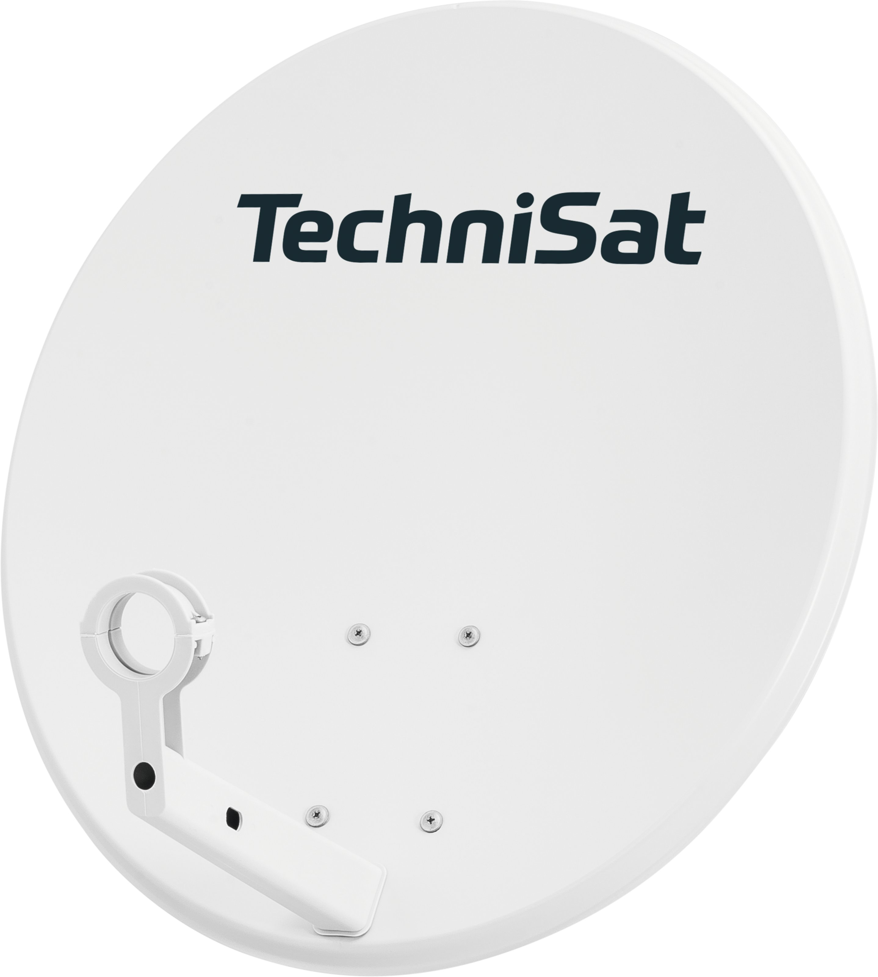 Biała antena satelitarna z logo TechniSat. Okrągłe ramię po lewej stronie. Widoczne cztery śruby.