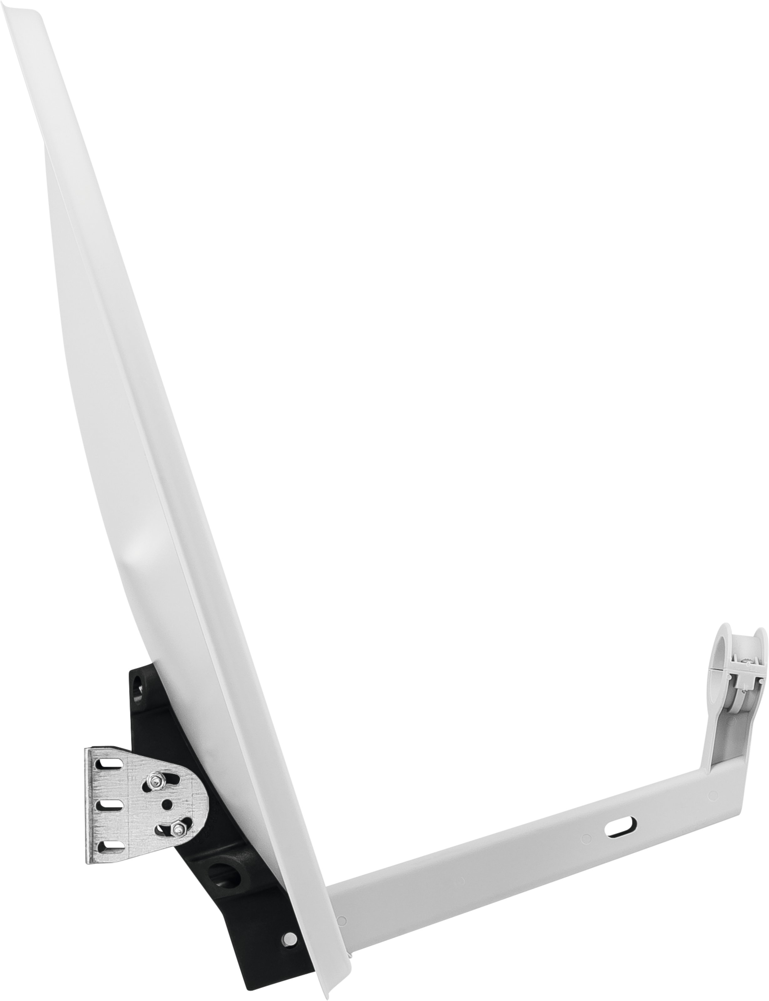 Biała antena satelitarna z zakrzywionym ramieniem po lewej stronie. Czarny wspornik z tyłu. Białe tło.