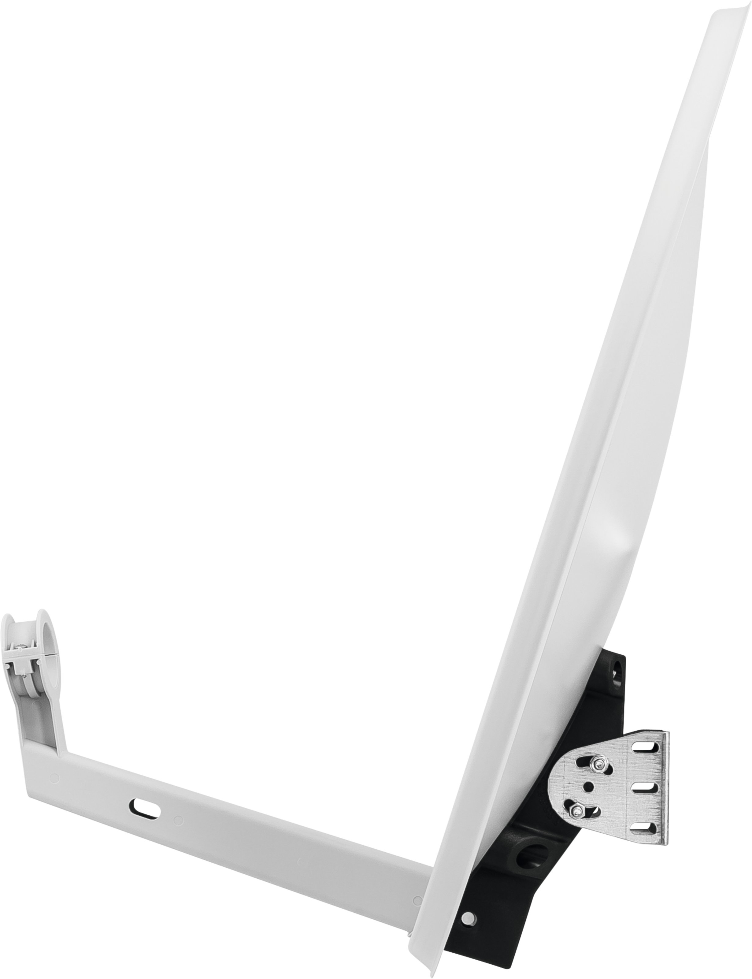 Biała antena satelitarna z zakrzywionym ramieniem po lewej stronie. Czarny wspornik z tyłu. Białe tło.