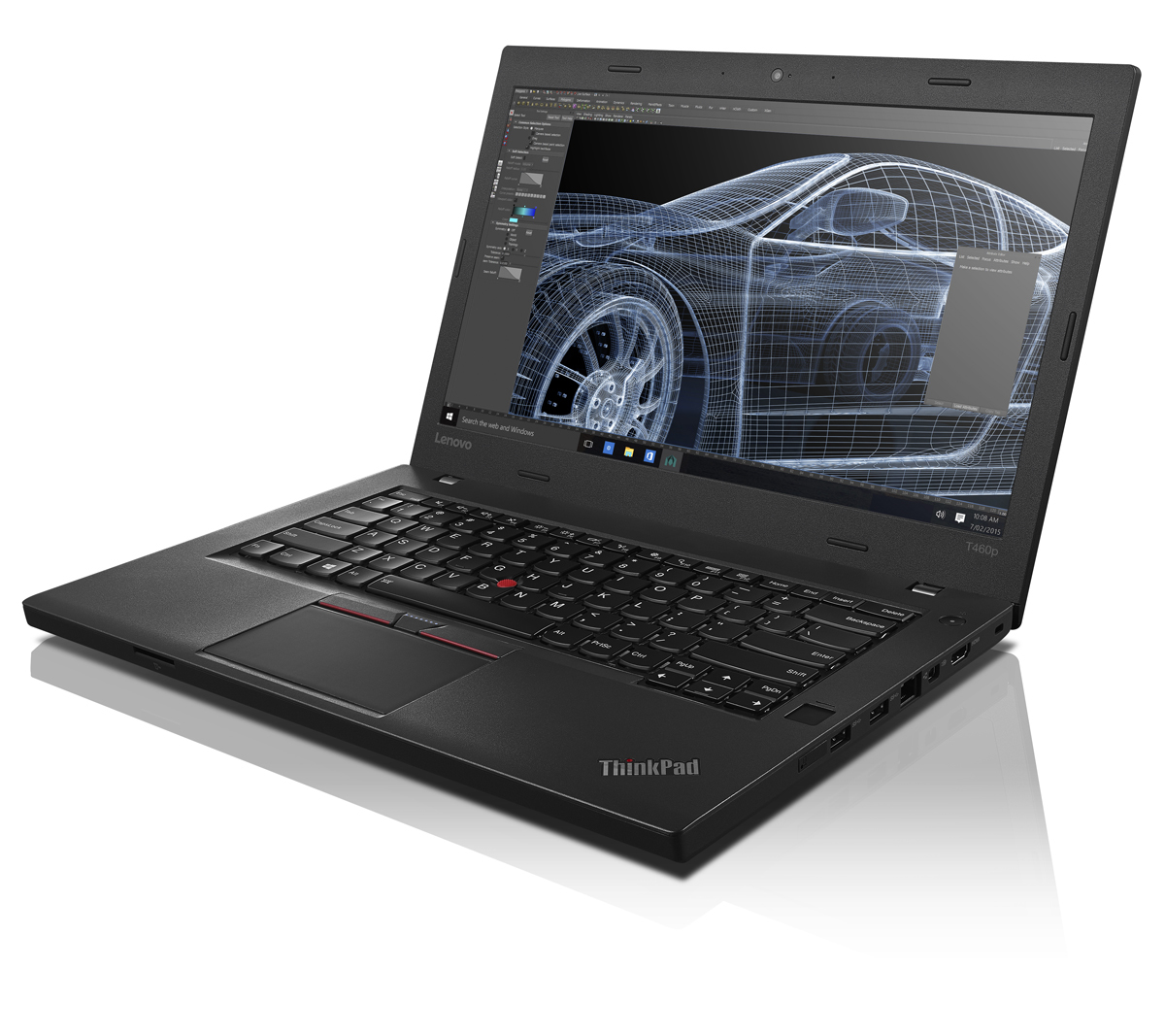 Schwarzer Lenovo ThinkPad Laptop mit einer Auto-Blaupause. Abgewinkelte Ansicht auf weißem Hintergrund.