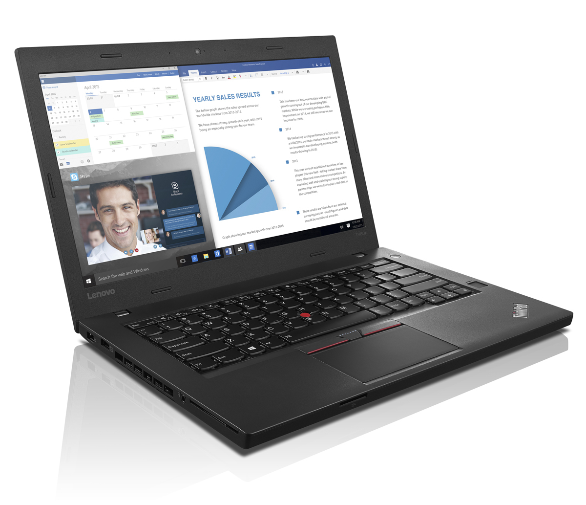 Schwarzer Lenovo-Laptop geöffnet, zeigt Dokumente und einen Kalender. Weißer Hintergrund.