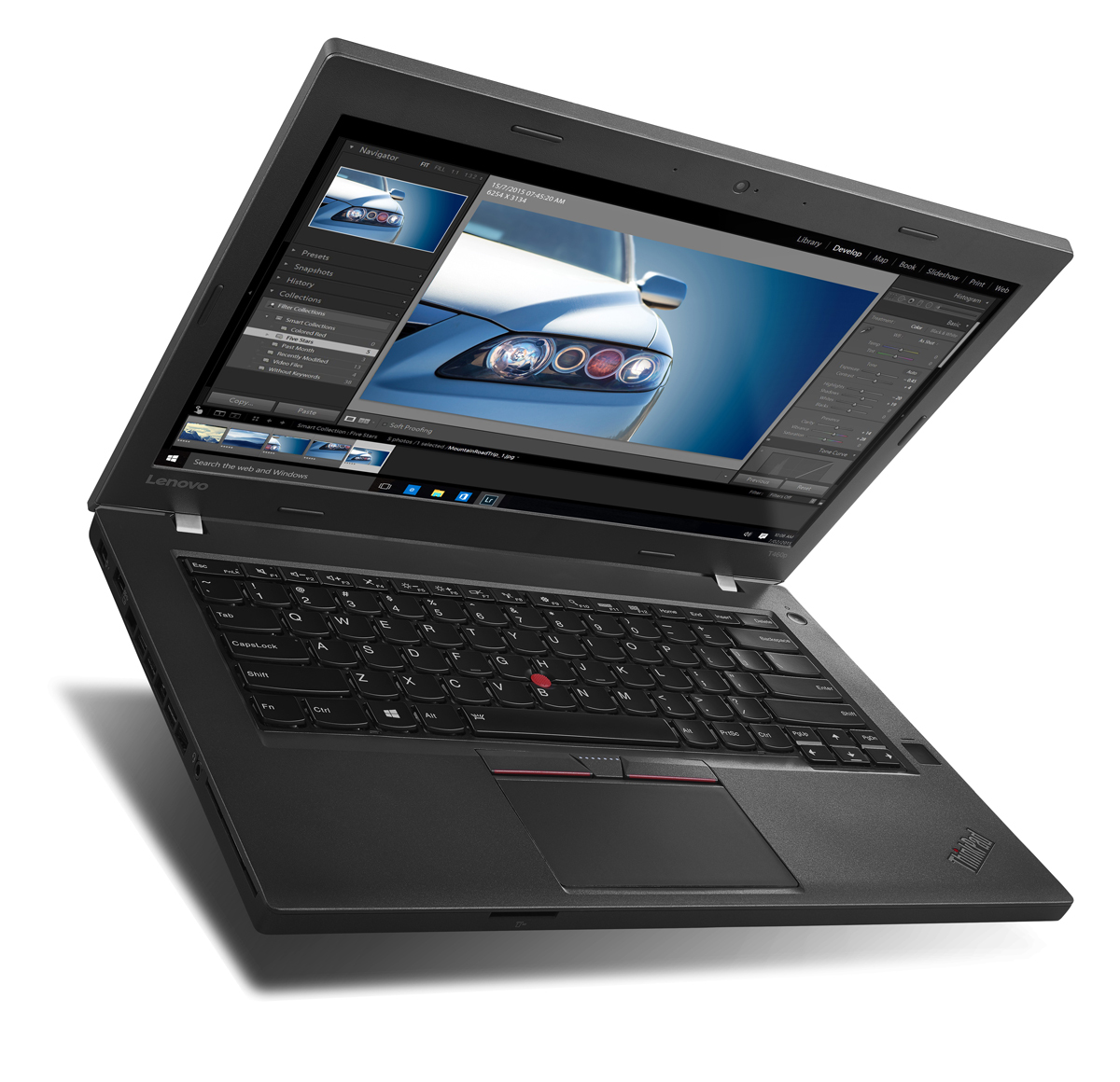 Schwarzer Lenovo-Laptop geöffnet, zeigt ein Bild. Angesicht von weißem Hintergrund.