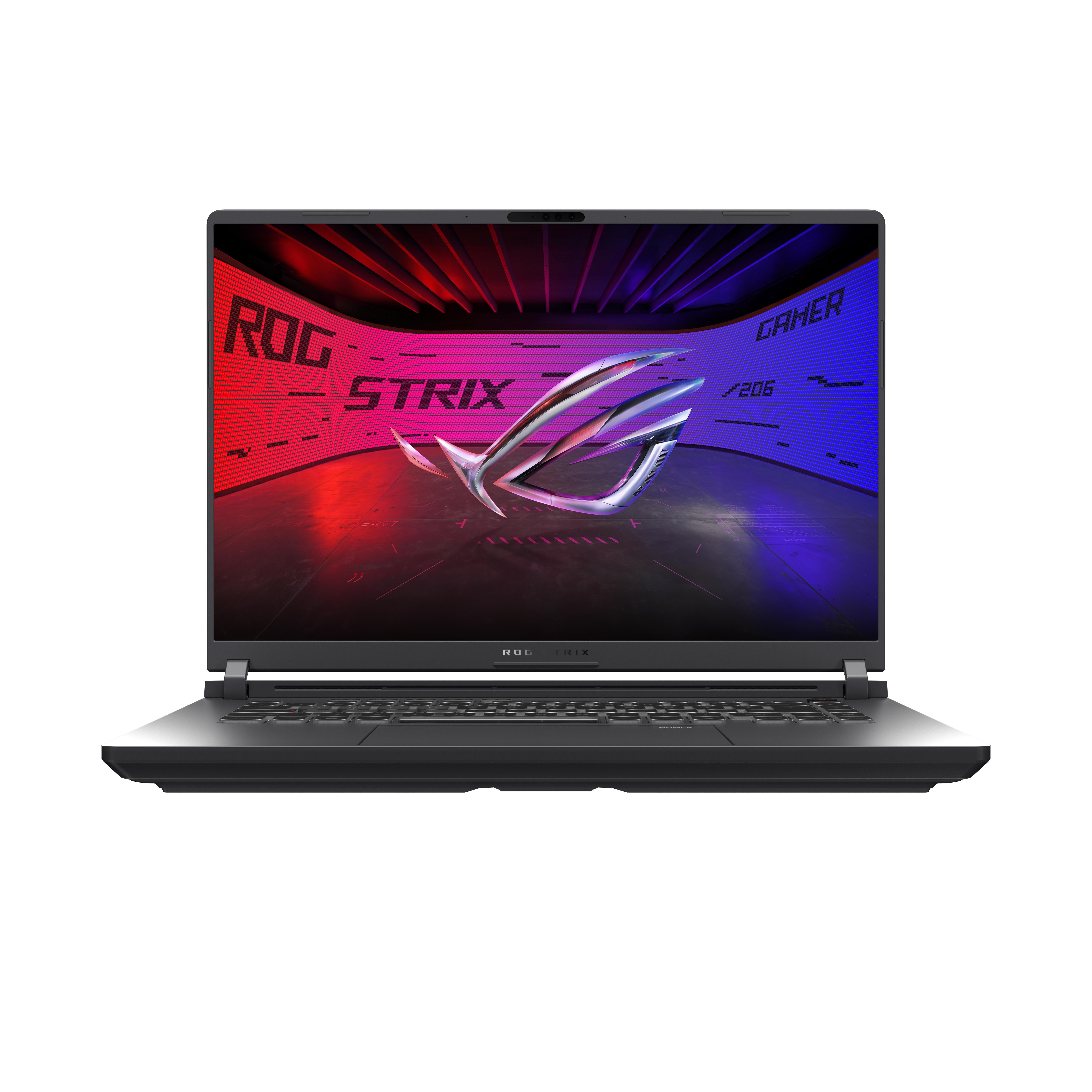 Black laptop, open, displaying ROG Strix logo on screen. Keyboard visible. Red and blue lighting on the screen.