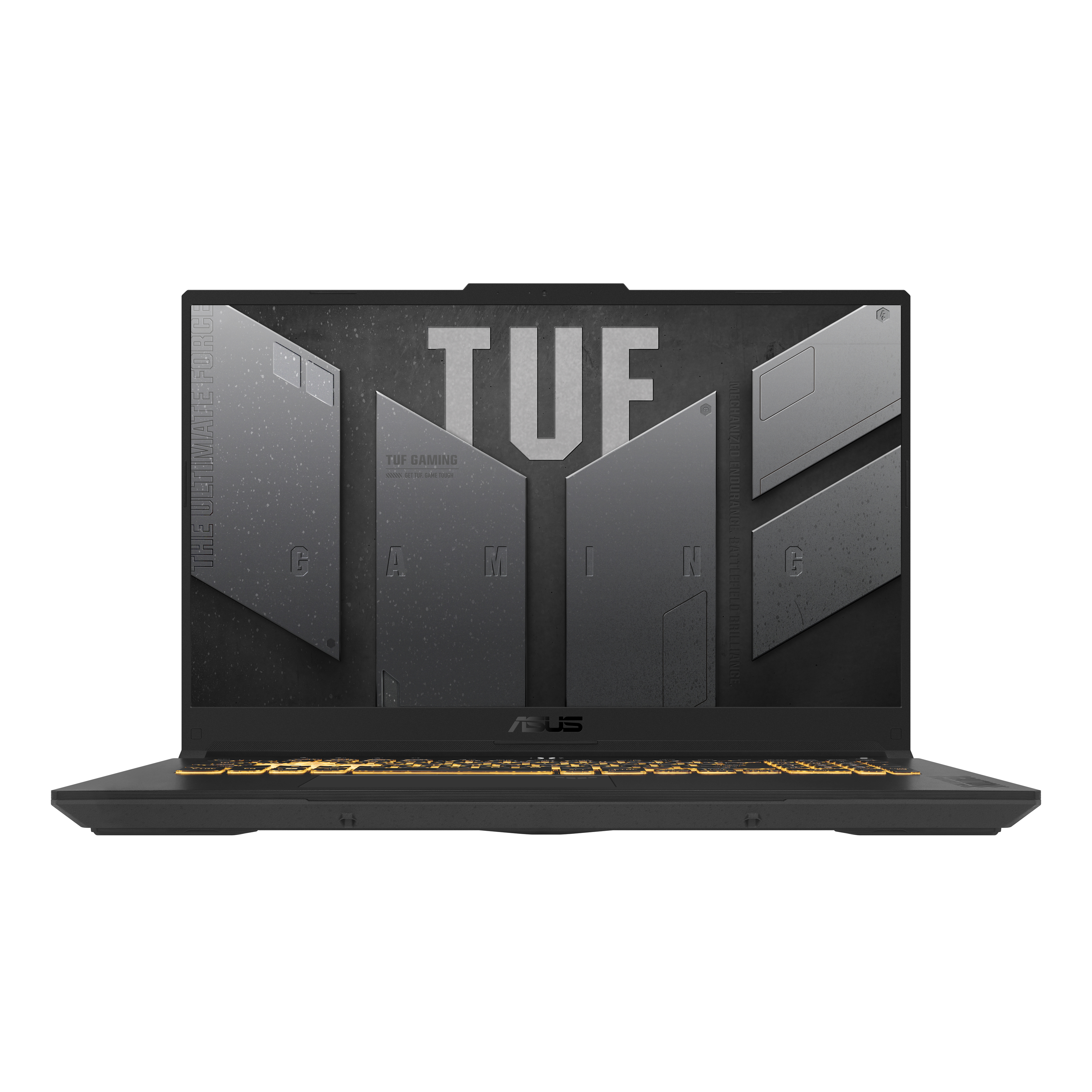 Czarny laptop ASUS TUF gaming. Widok z przodu. Ekran z designem. Klawiatura podświetlana na żółto. Białe tło.