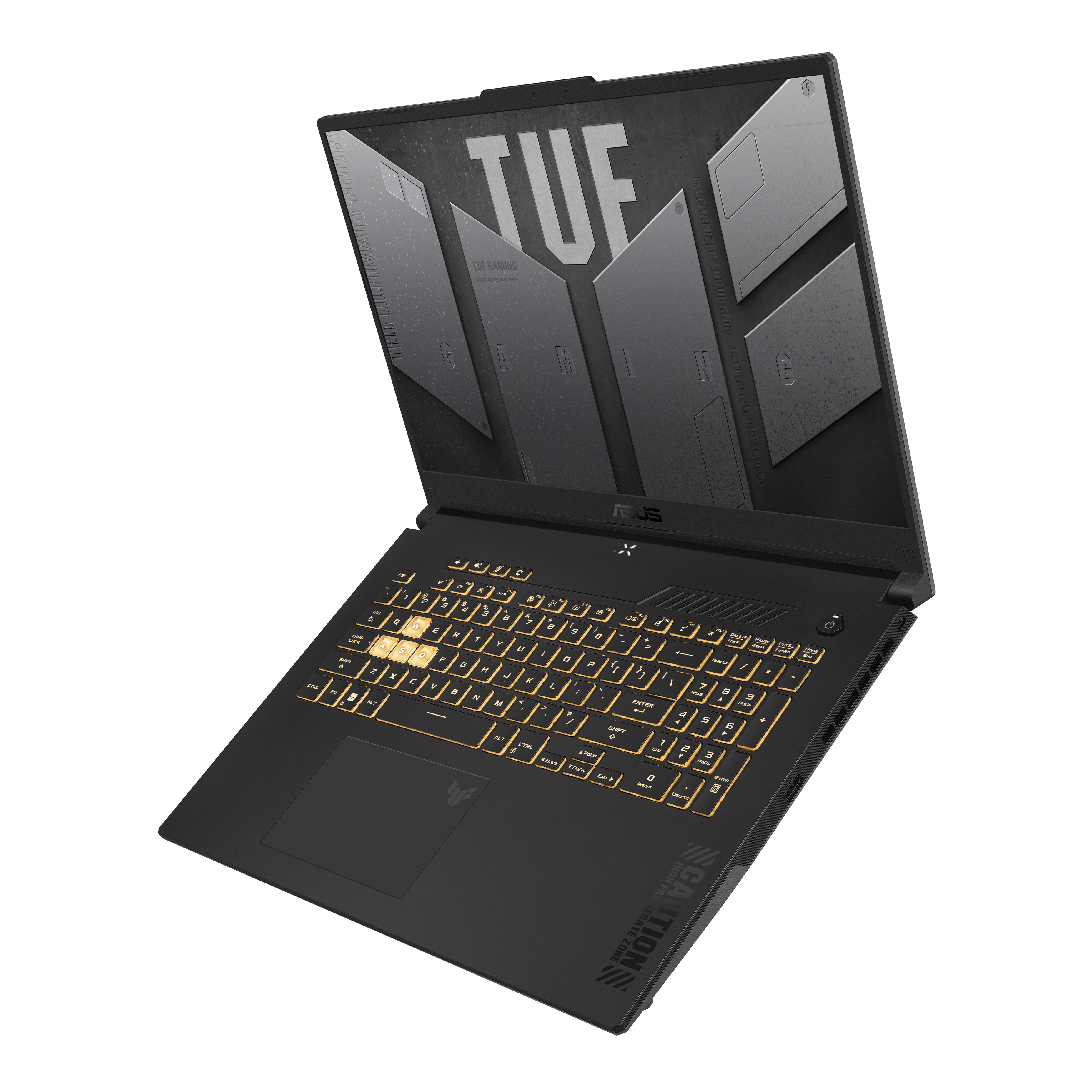 Czarny laptop ASUS TUF gaming. Widok z boku, otwarty. Klawiatura podświetlana na żółto. Ekran z designem. Białe tło.