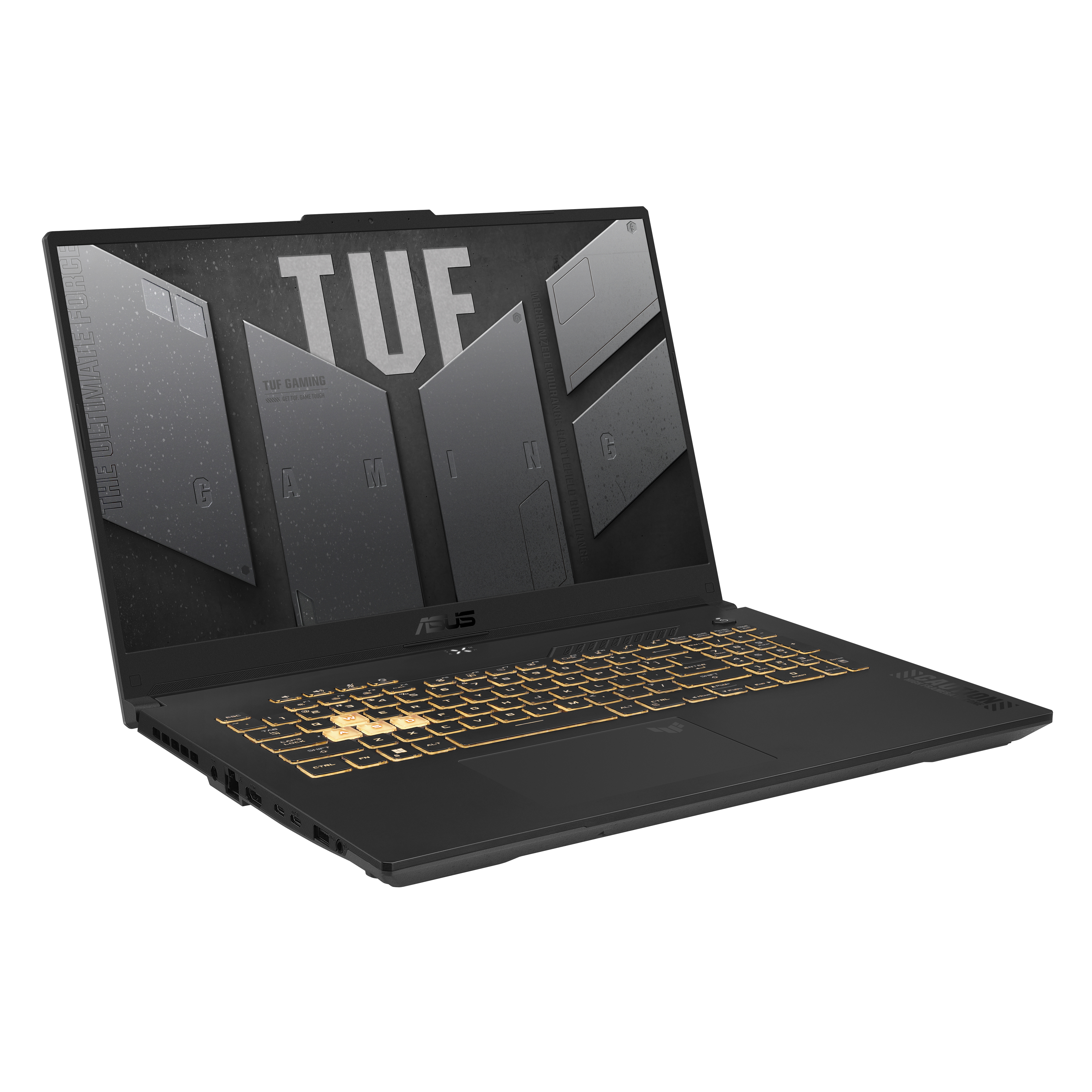 Czarny laptop ASUS TUF gaming. Widok z boku, klawiatura podświetlana na żółto. Ekran z designem. Białe tło.