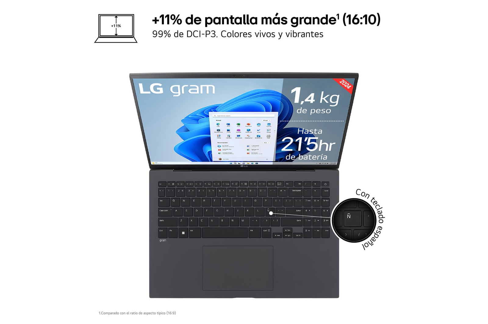 Portátil LG gram abierto, vista superior. Muestra teclado y pantalla con especificaciones: 1,4 kg, batería 21,5 h. Blanco.