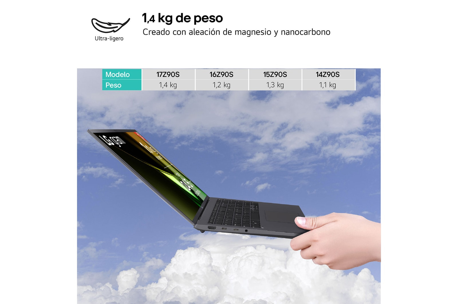Portátil LG gram en el aire, sostenido por una mano. Muestra especificaciones: peso 1,4 kg. Fondo de cielo.
