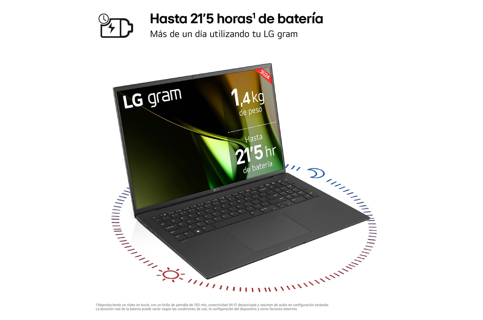 Portátil LG gram abierto, vista en ángulo. Gráfico de información de batería. Muestra 21,5 h de batería. Blanco.