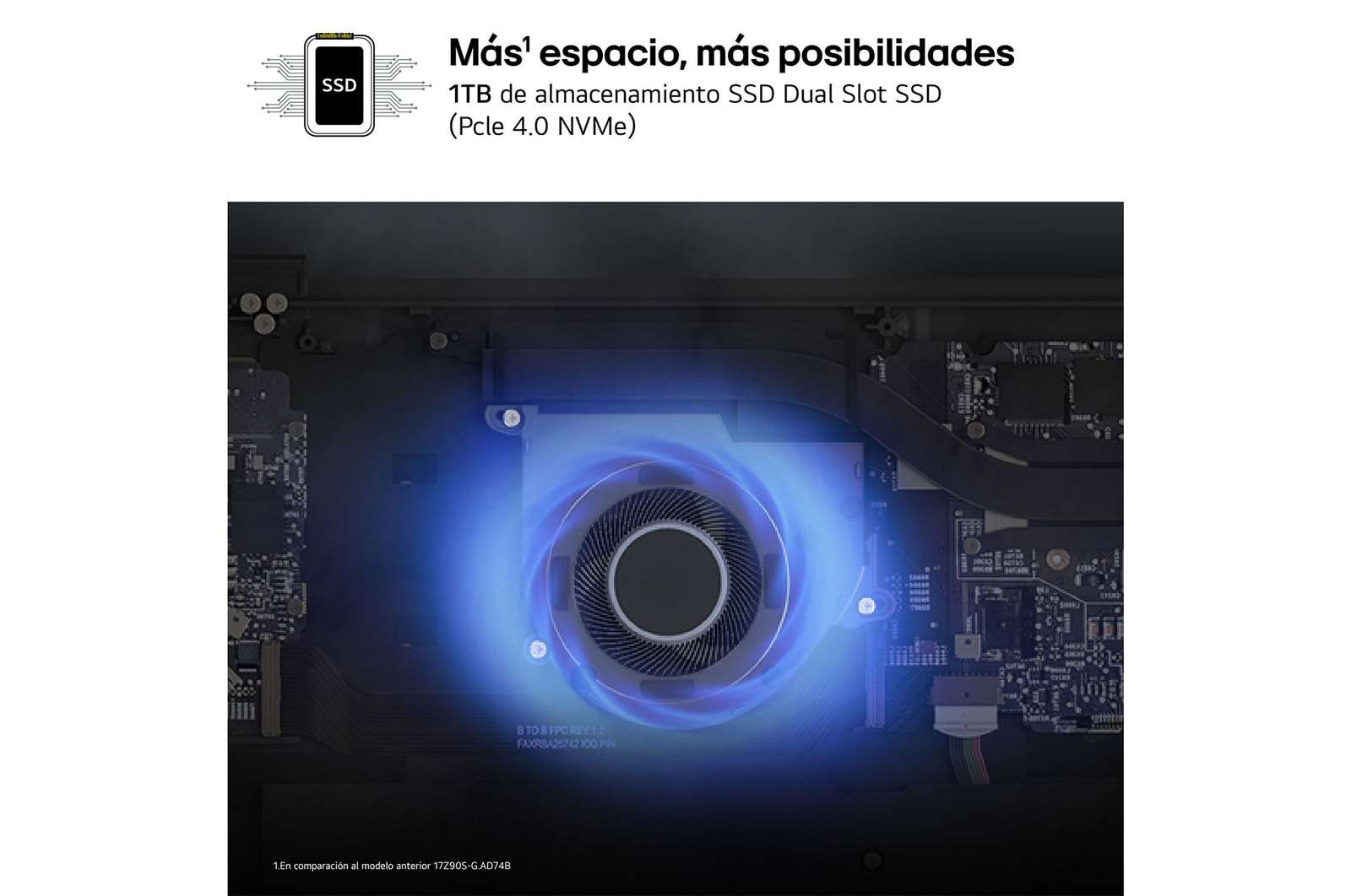 Componentes internos del portátil, ventilador y disipador de calor, luz azul.