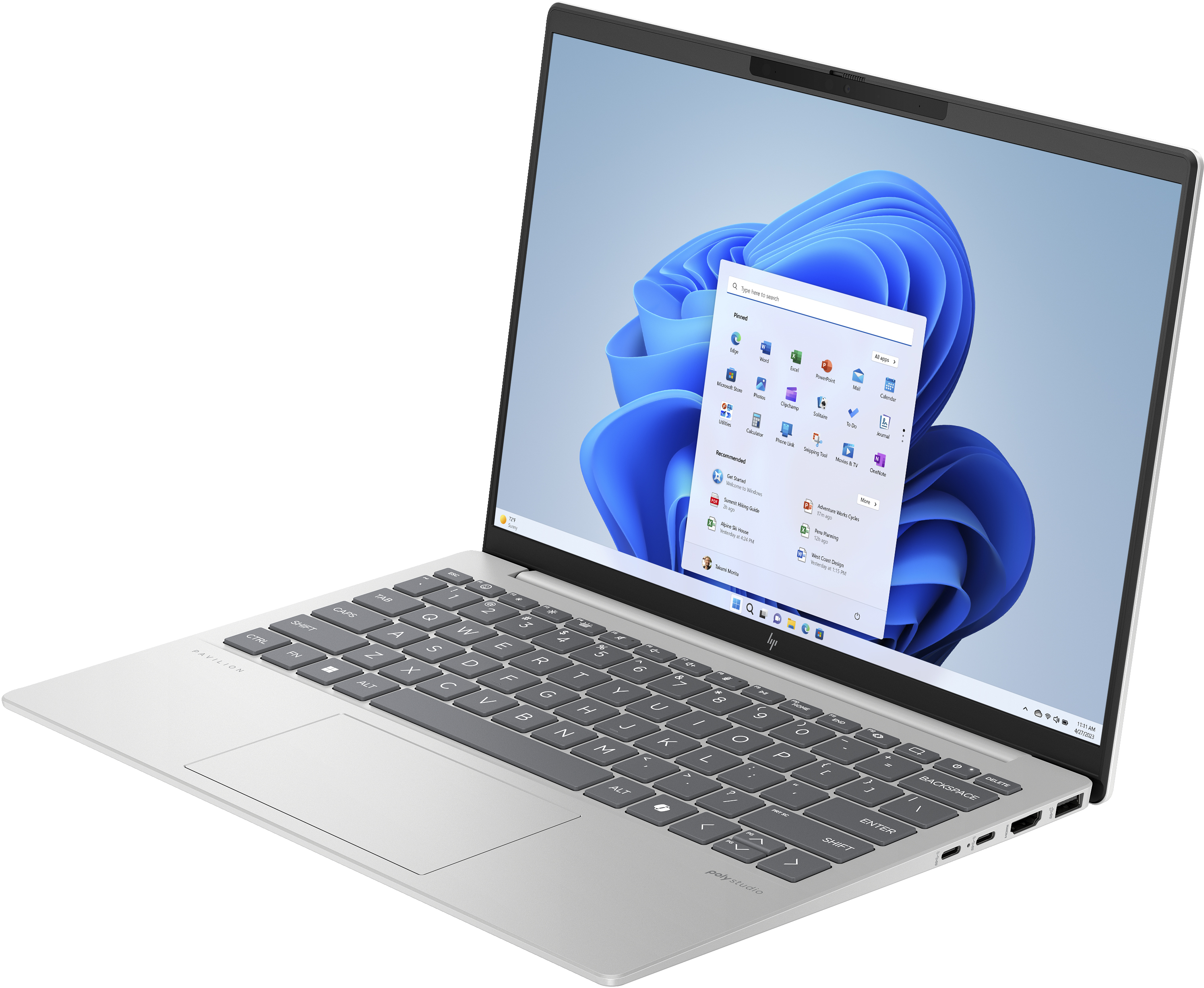 Silver laptop, open, angled view, Windows 11 on screen.