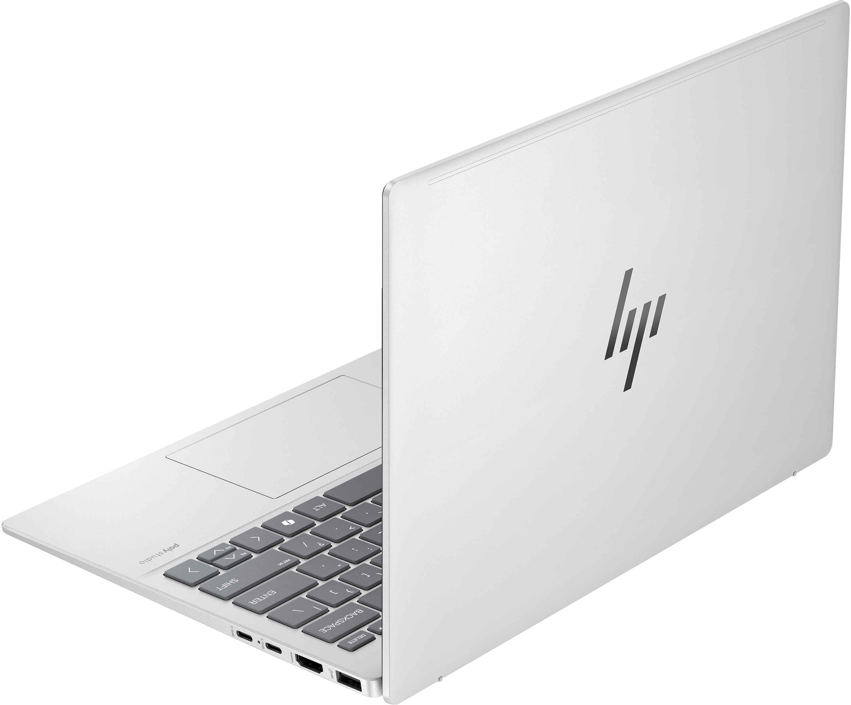 White HP laptop, open, with logo on back, partially open.