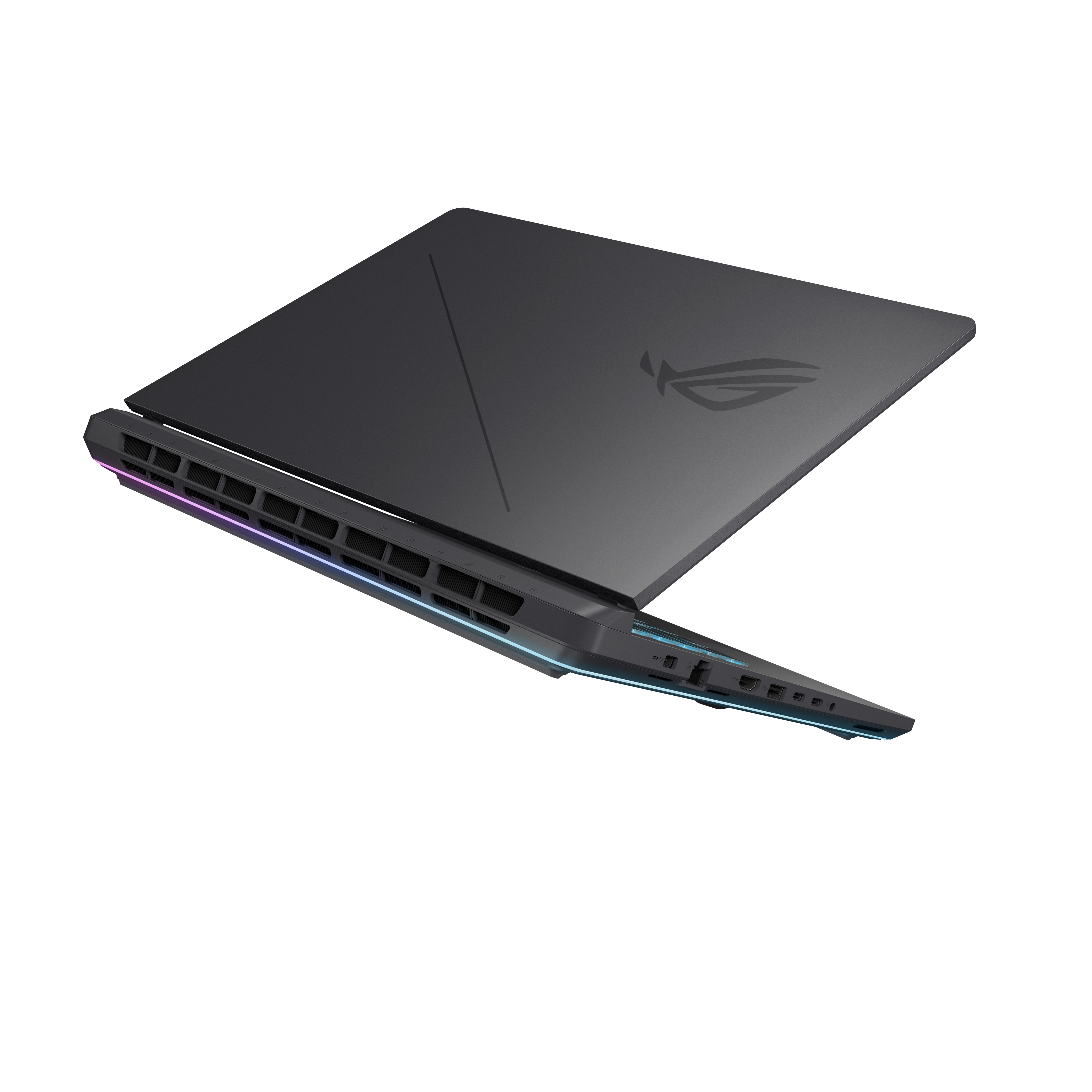 Dark gray laptop, side view, open with vents showing colors. White background.